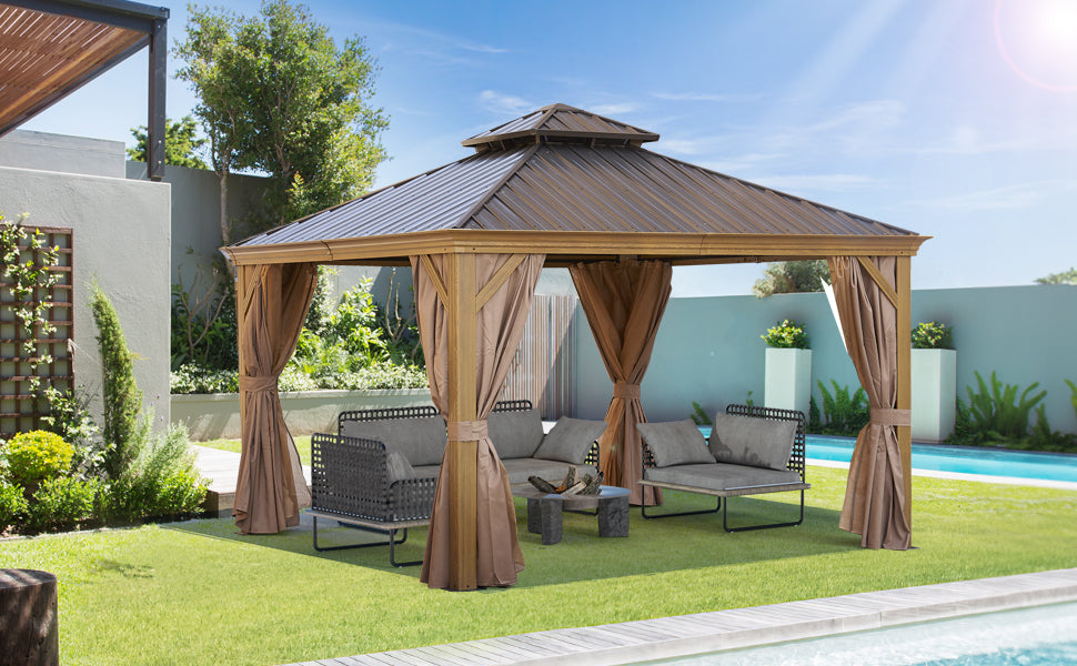 12*12Ft Patic Gazebo,Alu Gazebo With Steel Canopy,Outdoor Permanent Hardtop Gazebo Canopy For Patio, Garden, Backyard Bronze Steel