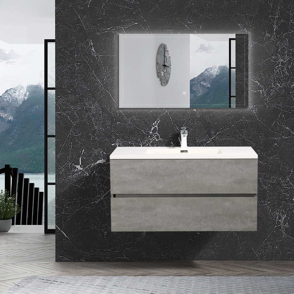 36'' Wall Mounted Single Bathroom Vanity In Ash Gray With White Solid Surface Vanity Top Antique Grey White Mdf