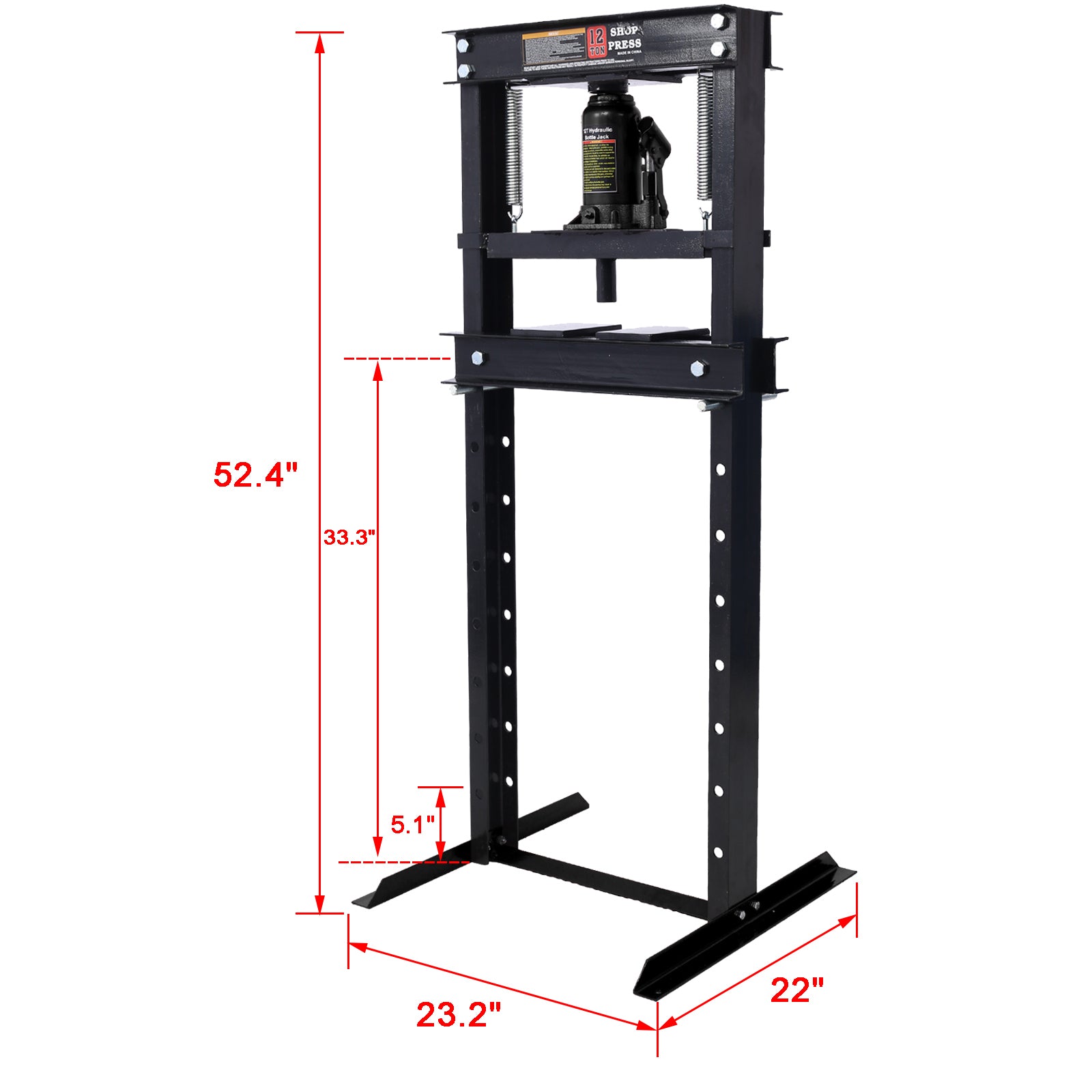 Hydraulic Shop Press ,12 Ton Capacityfloor Mount ,With Press Plates, H Frame Garage Floor Press, Adjustable Working Table Height,Black Black Steel