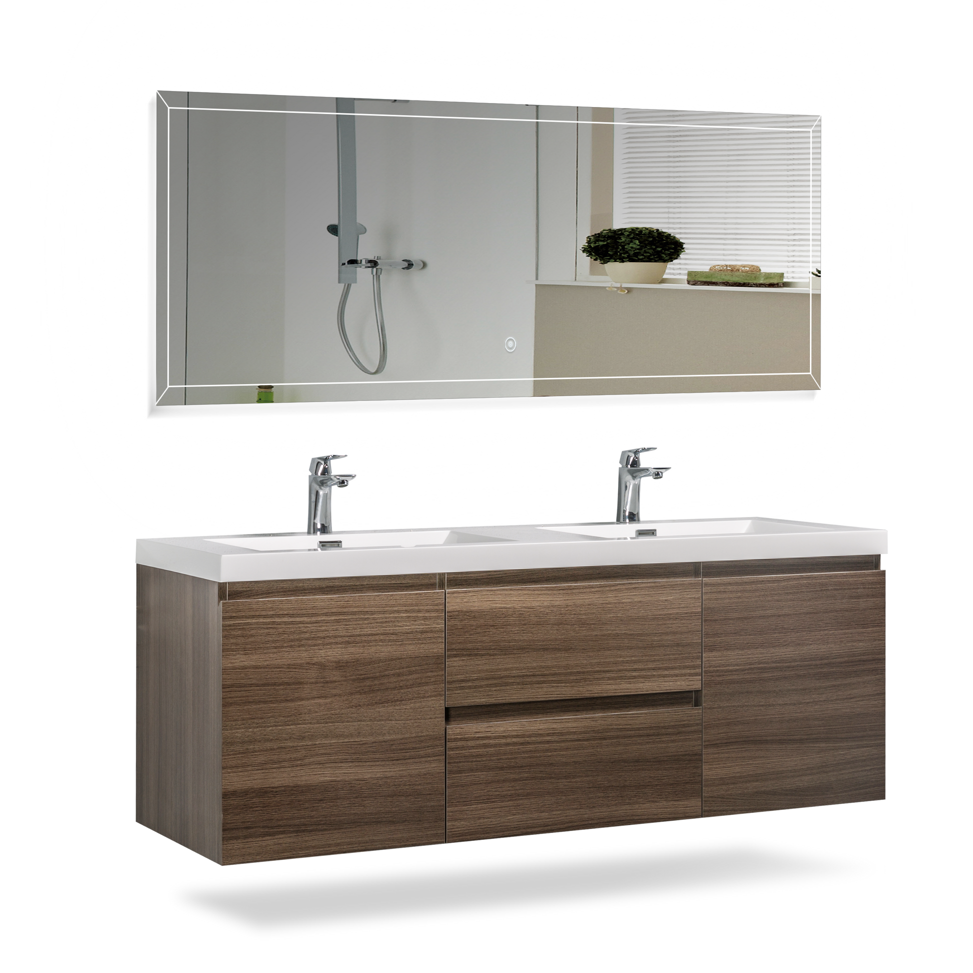 59'' Wall Mounted Double Bathroom Vanity In Rosewood With White Solid Surface Vanity Top Rosewood Melamine