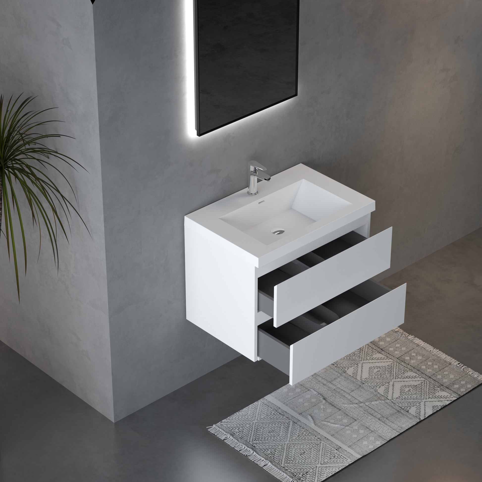 29'' Wall Mounted Single Bathroom Vanity In Gloss White With White Solid Surface Vanity Top Gloss White Melamine