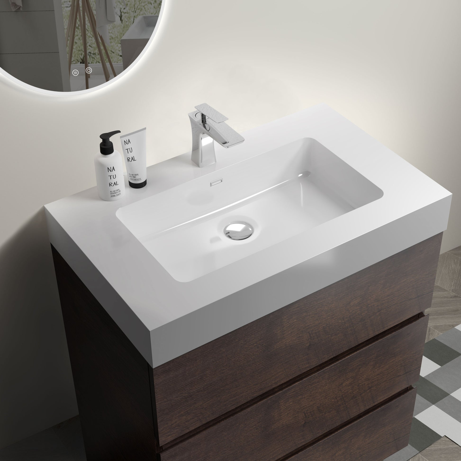 Alice 30" Walnut Bathroom Vanity With Sink, Large Storage Freestanding Bathroom Vanity For Modern Bathroom, One Piece White Sink Basin Without Drain And Faucet, Pre Assembled White Walnut Melamine