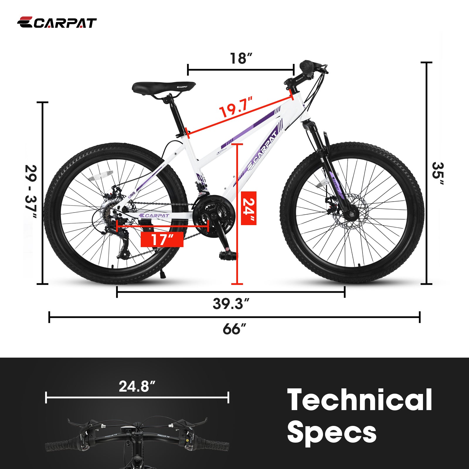 S24103 24 Inch Mountain Bike For Teenagers Girls Women, Shimano 21 Speeds With Dual Disc Brakes And 100Mm Front Suspension, White Pink White Steel