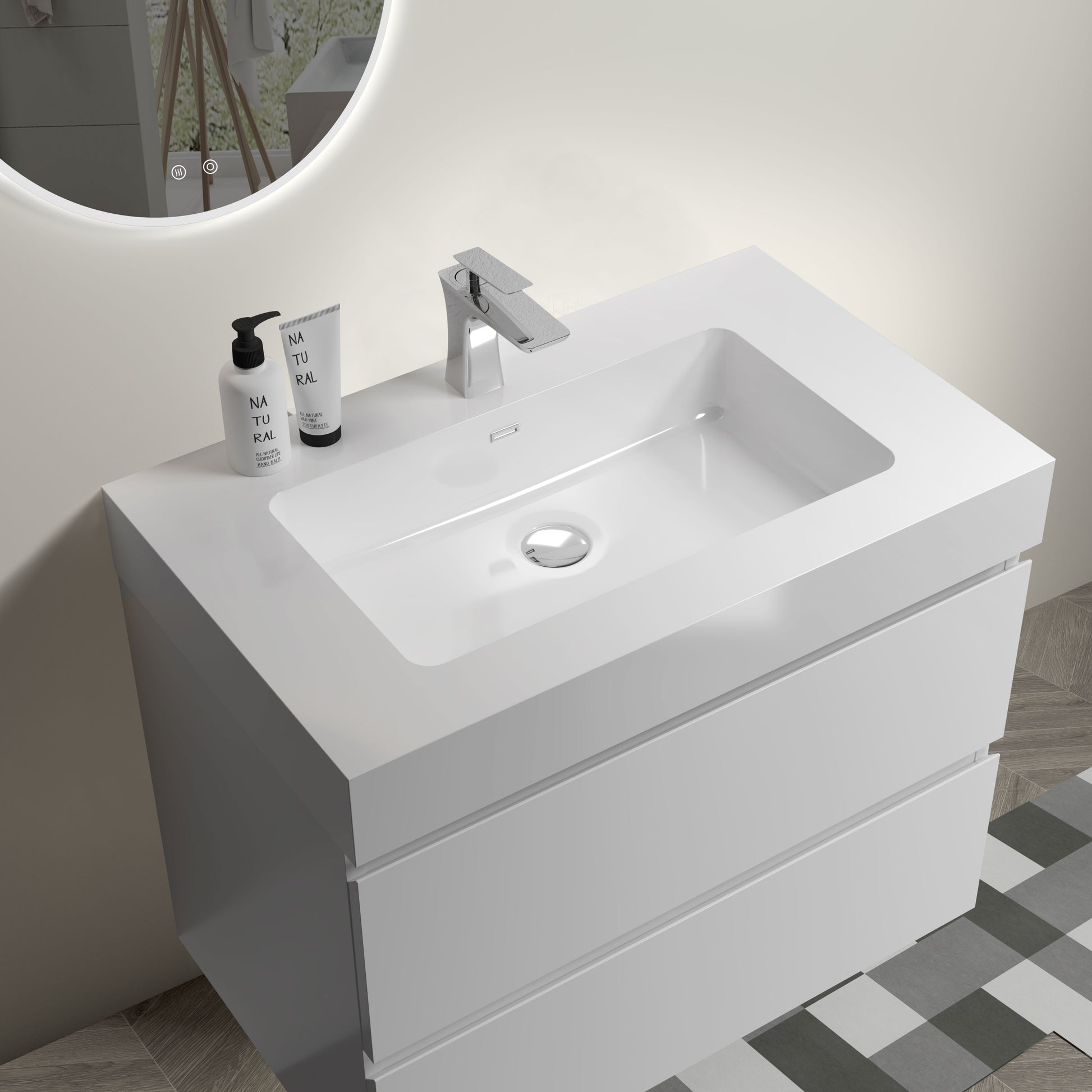 Bb02 30 101, Integrated Solid Surface Basin Without Drain And Faucet, Glossy White Color White Resin