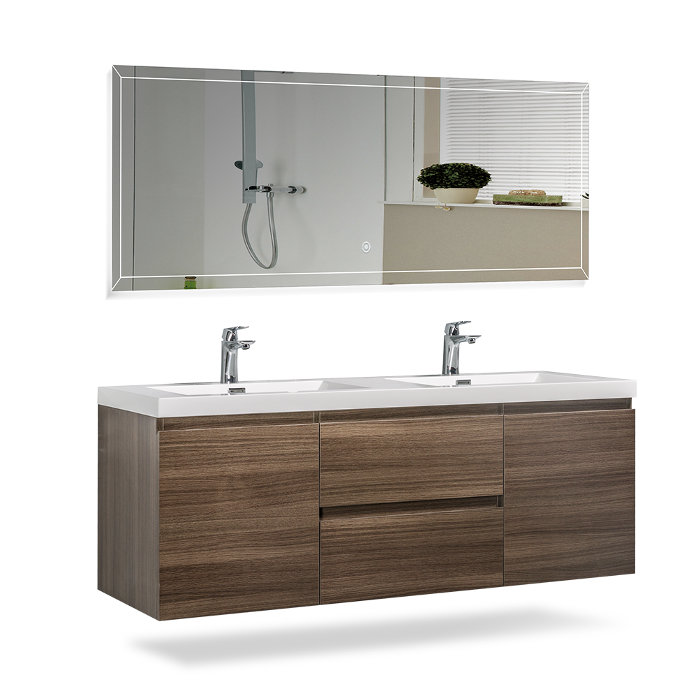 59'' Wall Mounted Double Bathroom Vanity In Rosewood With White Solid Surface Vanity Top Rosewood Melamine