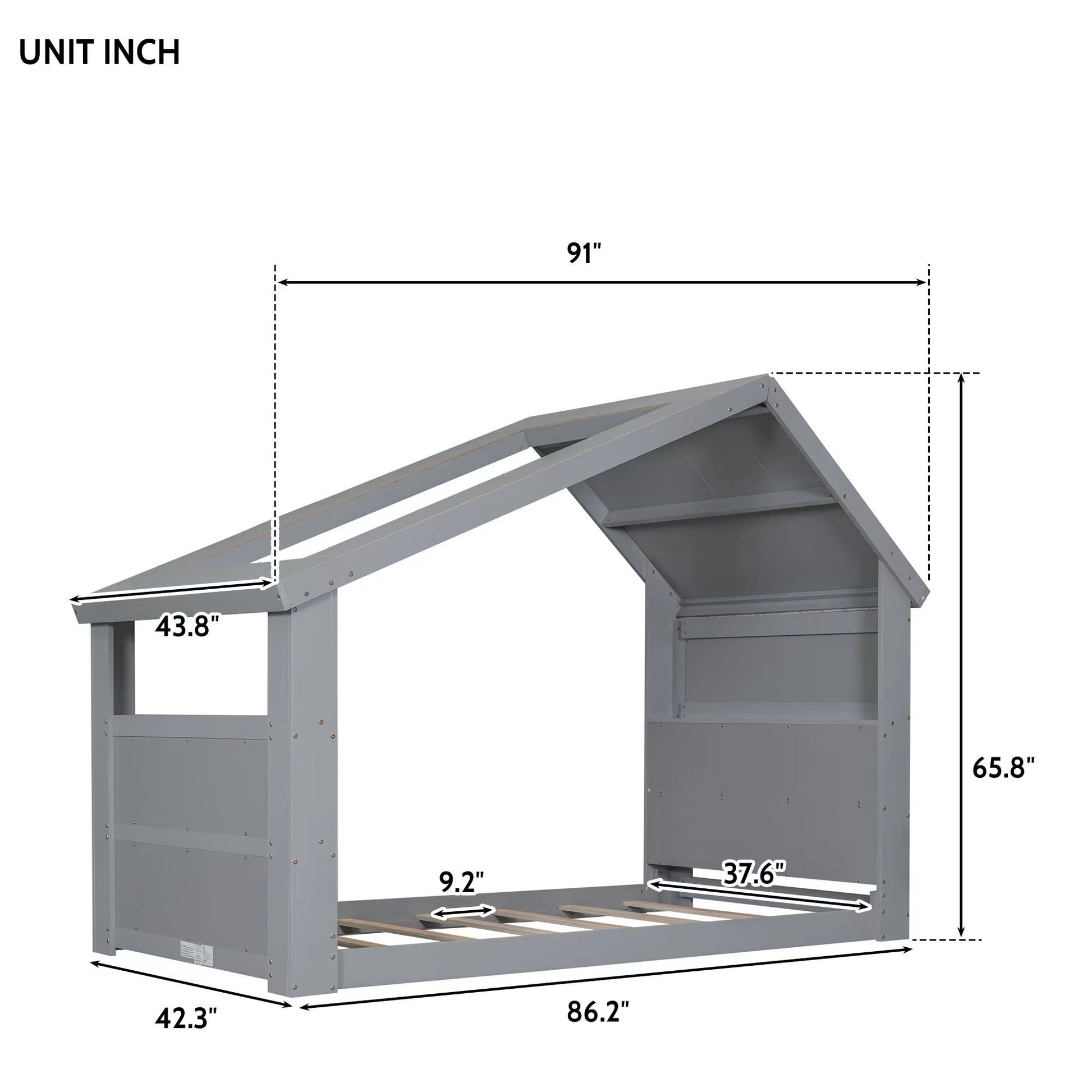 Twin House Floor Bed With Roof Window, Led Light,Grey Twin Grey Wood Bedroom American Design Pine Pine