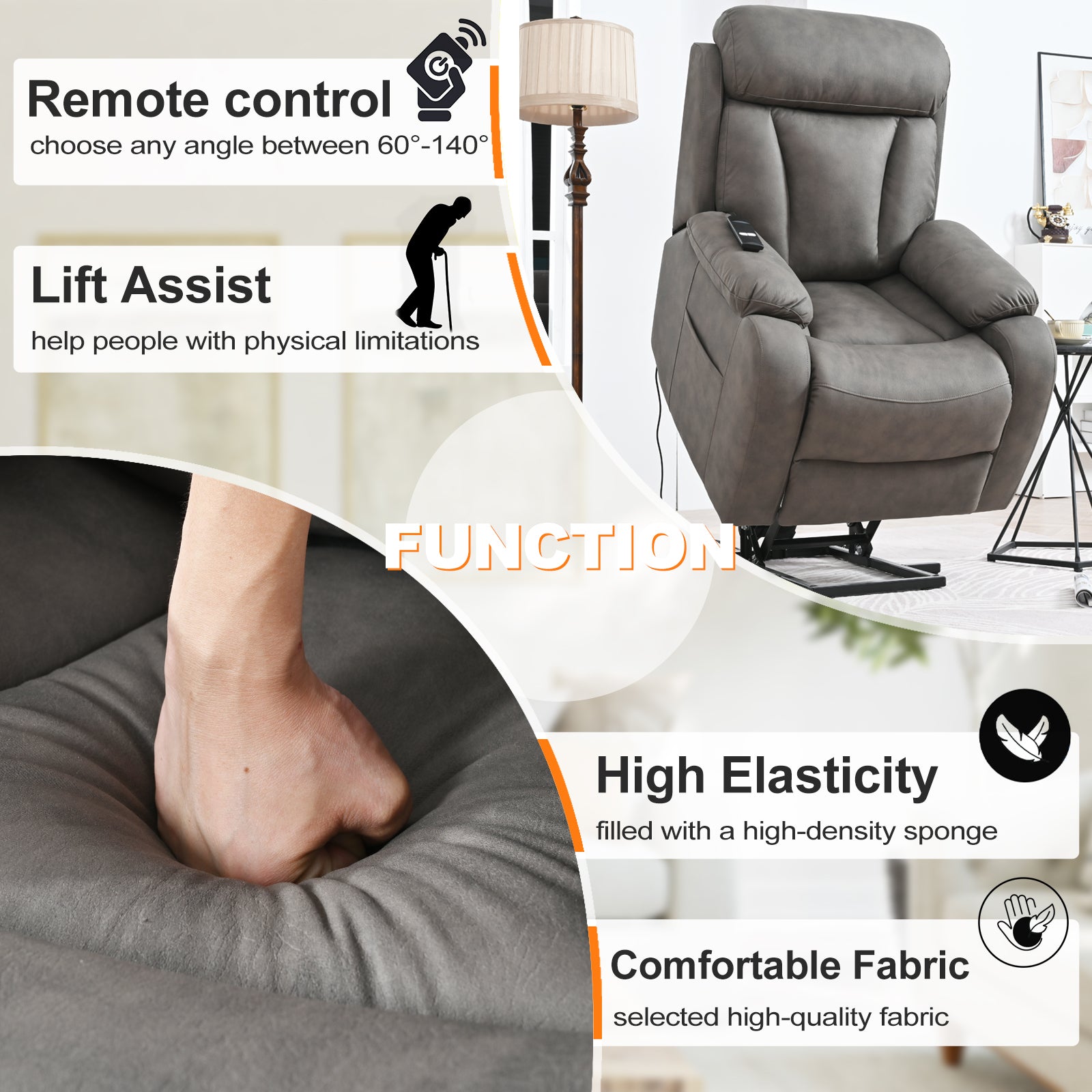 Electric Power Lift Recliner Chair For Elderly, Fabric Recliner Chair For Seniors, Home Theater Seating,Living Room Chair,Side Pocket, Remote Control,Dark Gray Light Brown Wood Primary Living Space Heavy Duty Rubberwood Dark Gray Polyester Power Remote