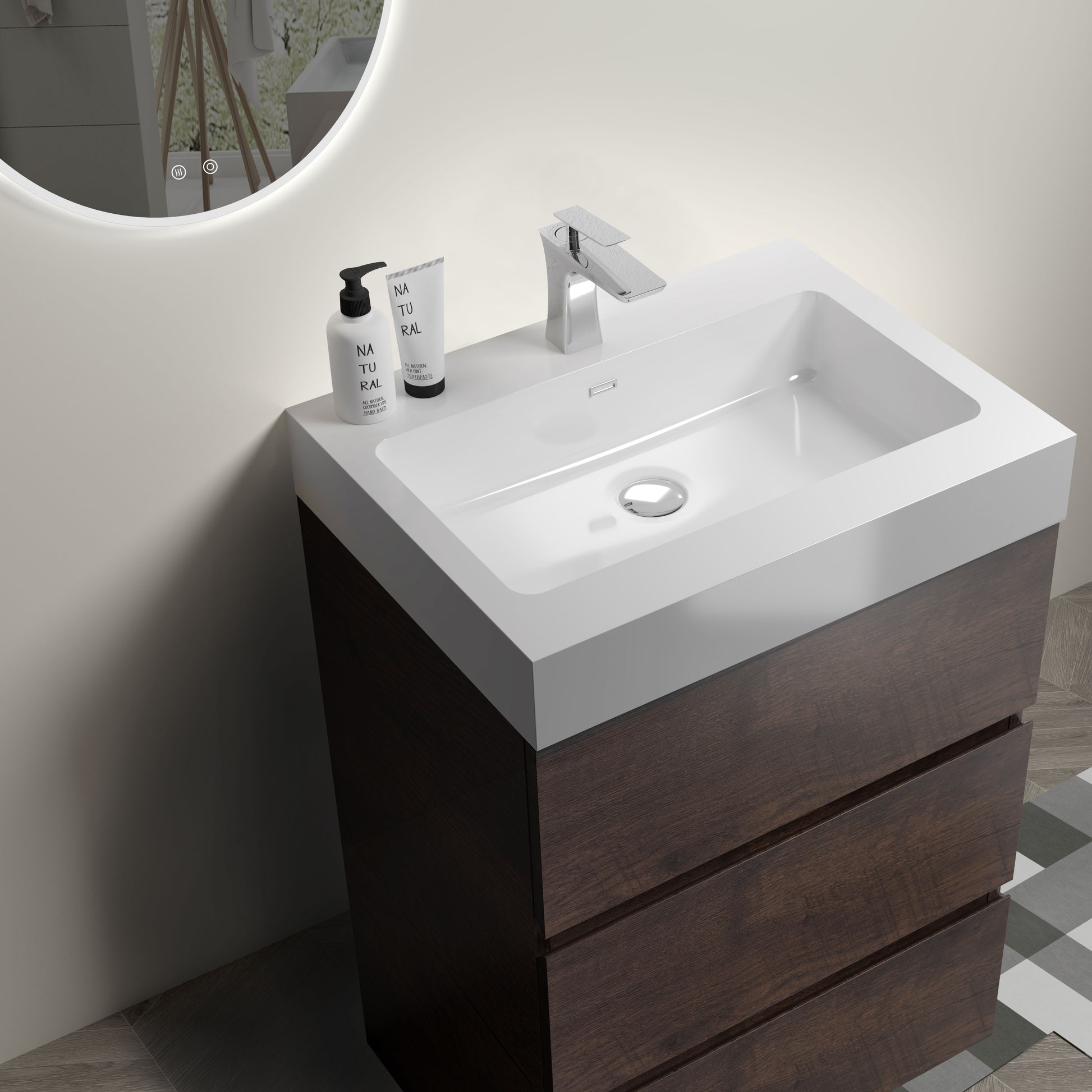 Alice 24" Walnut Bathroom Vanity With Sink, Large Storage Freestanding Bathroom Vanity For Modern Bathroom, One Piece White Sink Basin Without Drain And Faucet, Pre Assembled White Walnut Melamine