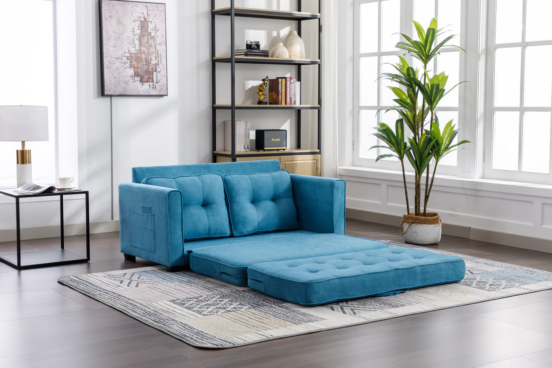 59.4" Loveseat Sofa With Pull Out Bed Modern Upholstered Couch With Side Pocket For Living Room Office, Blue Blue Chenille