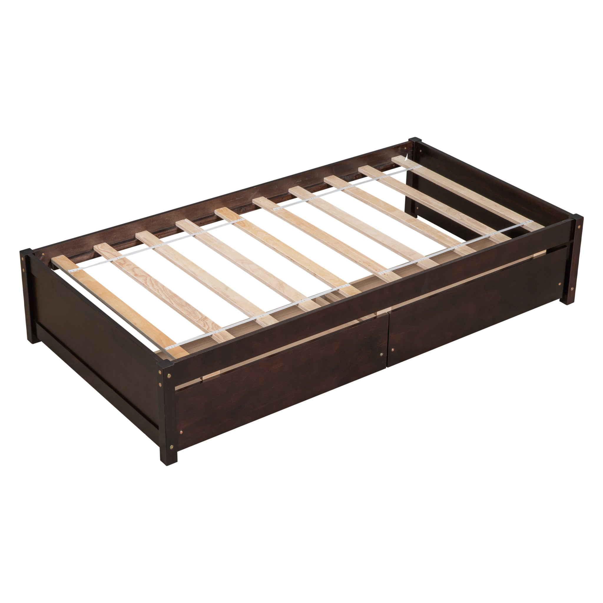 Twin Bed with 2 Drawers, Solid Wood, No Box Spring twin-espresso-pine