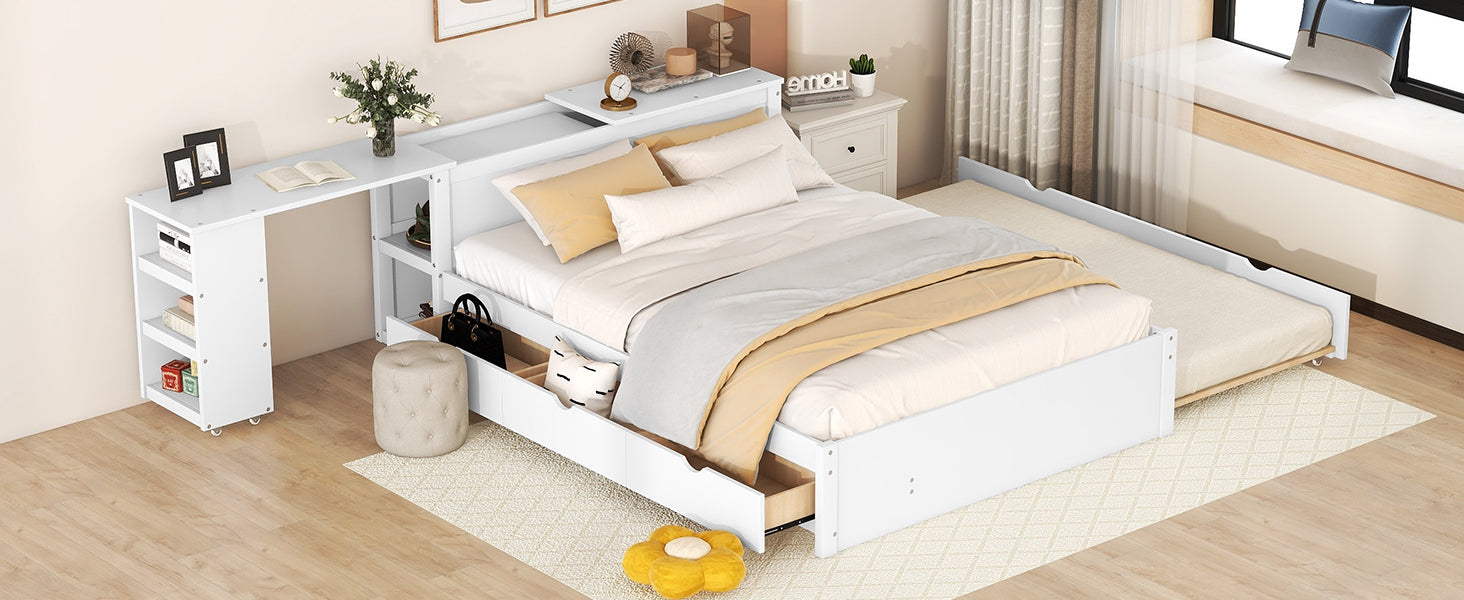 Full Size Platform Bed With A Rolling Shelf, White White Solid Wood Mdf