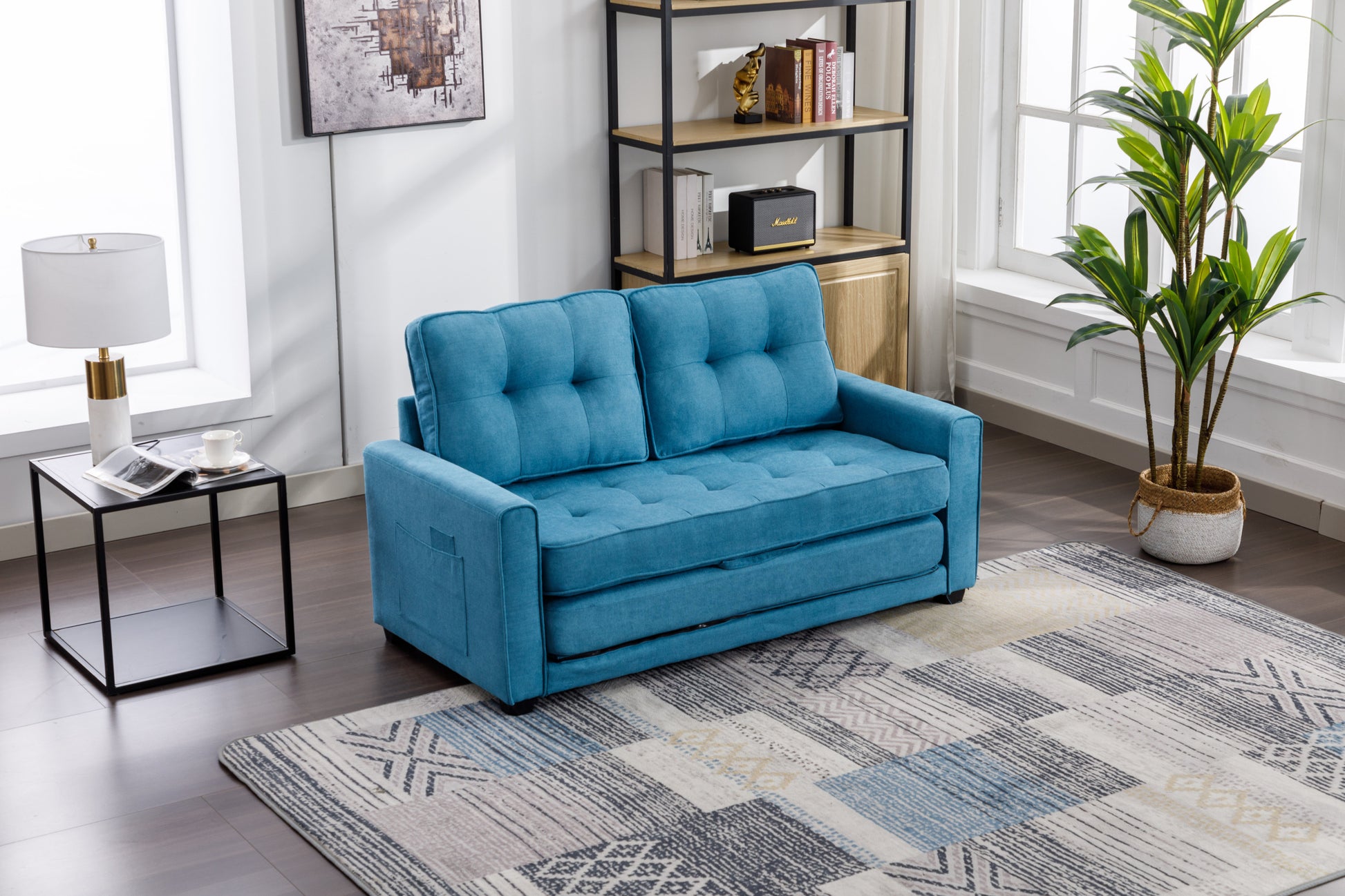 59.4" Loveseat Sofa With Pull Out Bed Modern Upholstered Couch With Side Pocket For Living Room Office, Blue Blue Chenille