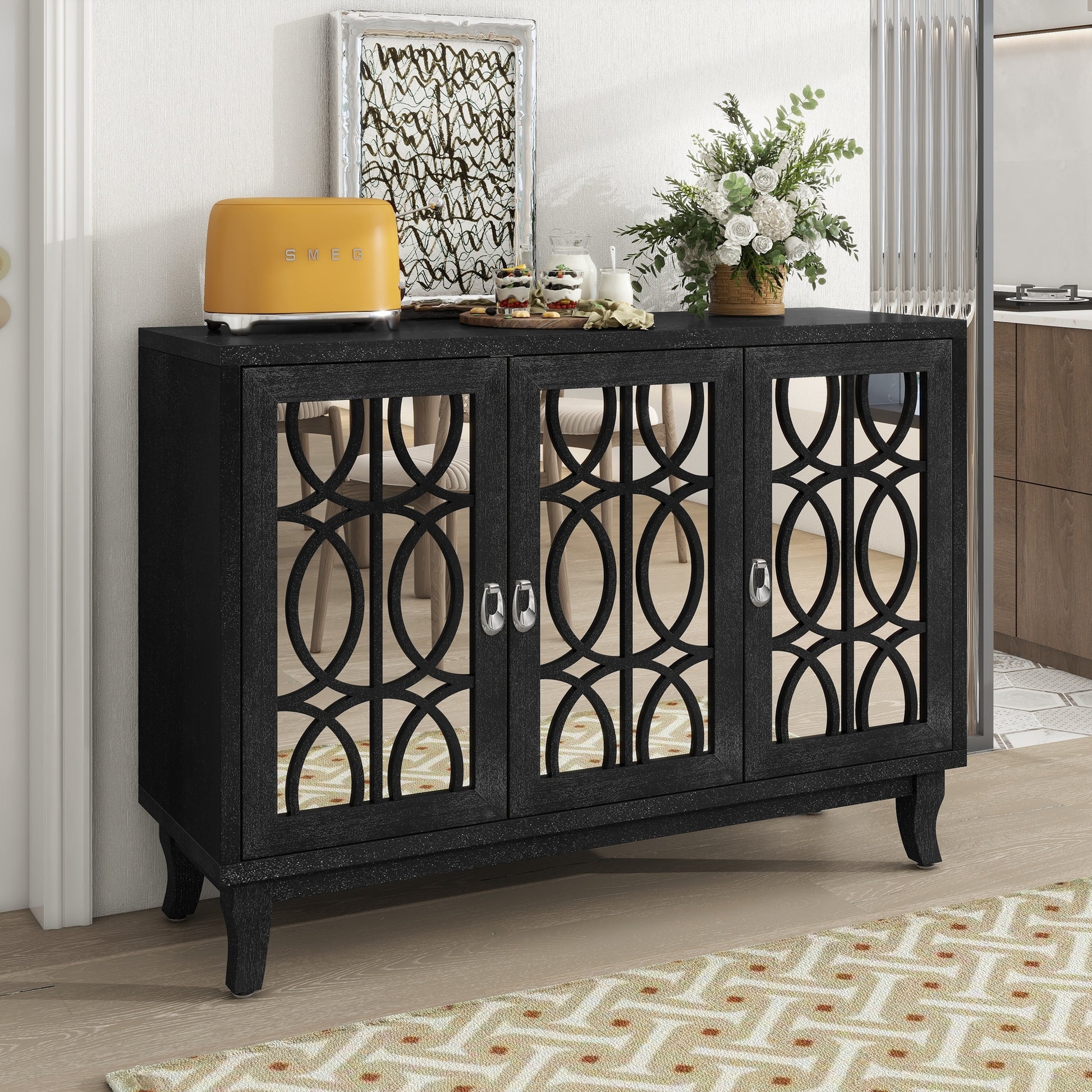 Sideboard With Glass Doors, 3 Door Mirrored Buffet Cabinet With Silver Handle For Living Room, Hallway, Dining Room Black Black Mdf