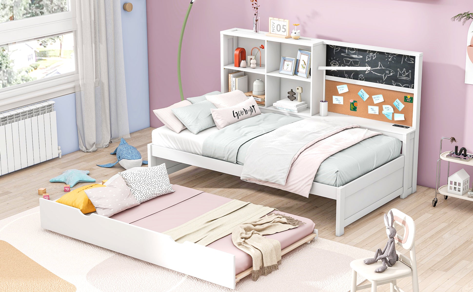 Twin Size Daybed With Storage Shelves, Blackboard, Cork Board, Usb Ports And Twin Size Trundle, White Box Spring Not Required Twin White Wood Pine Daybeds Solid Wood Mdf