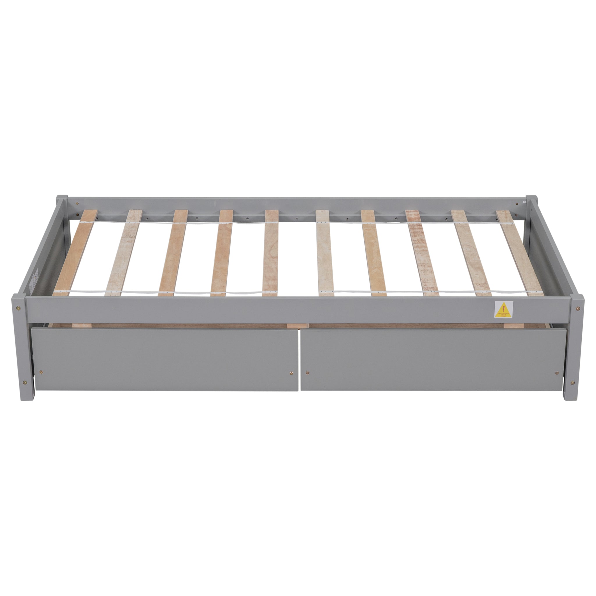 Twin Bed with 2 Drawers, Solid Wood, No Box Spring twin-grey-pine