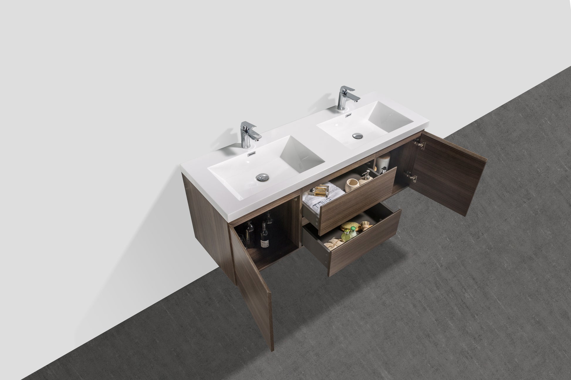 59'' Wall Mounted Double Bathroom Vanity In Rosewood With White Solid Surface Vanity Top Rosewood Melamine