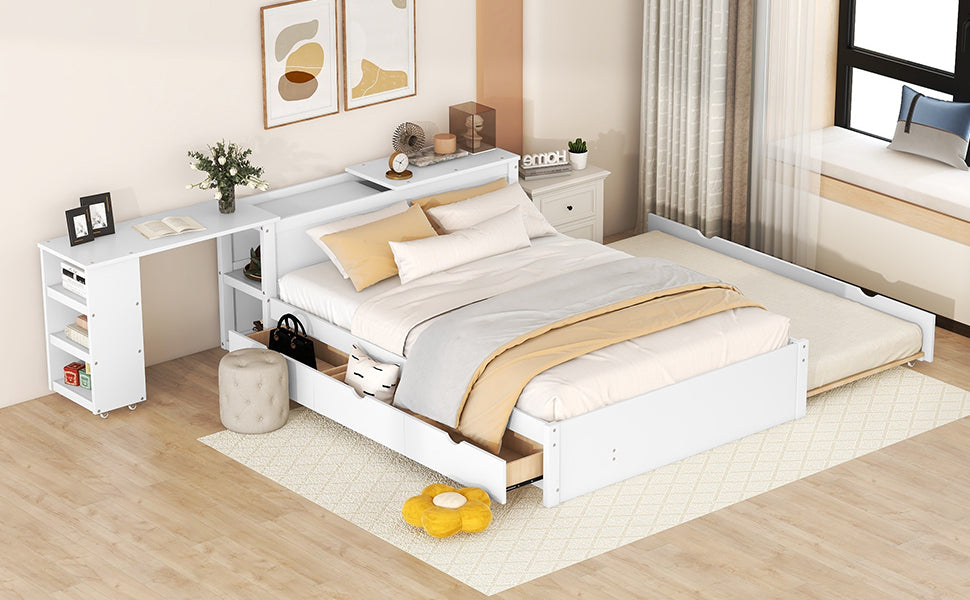 Full Size Platform Bed With A Rolling Shelf, White White Solid Wood Mdf