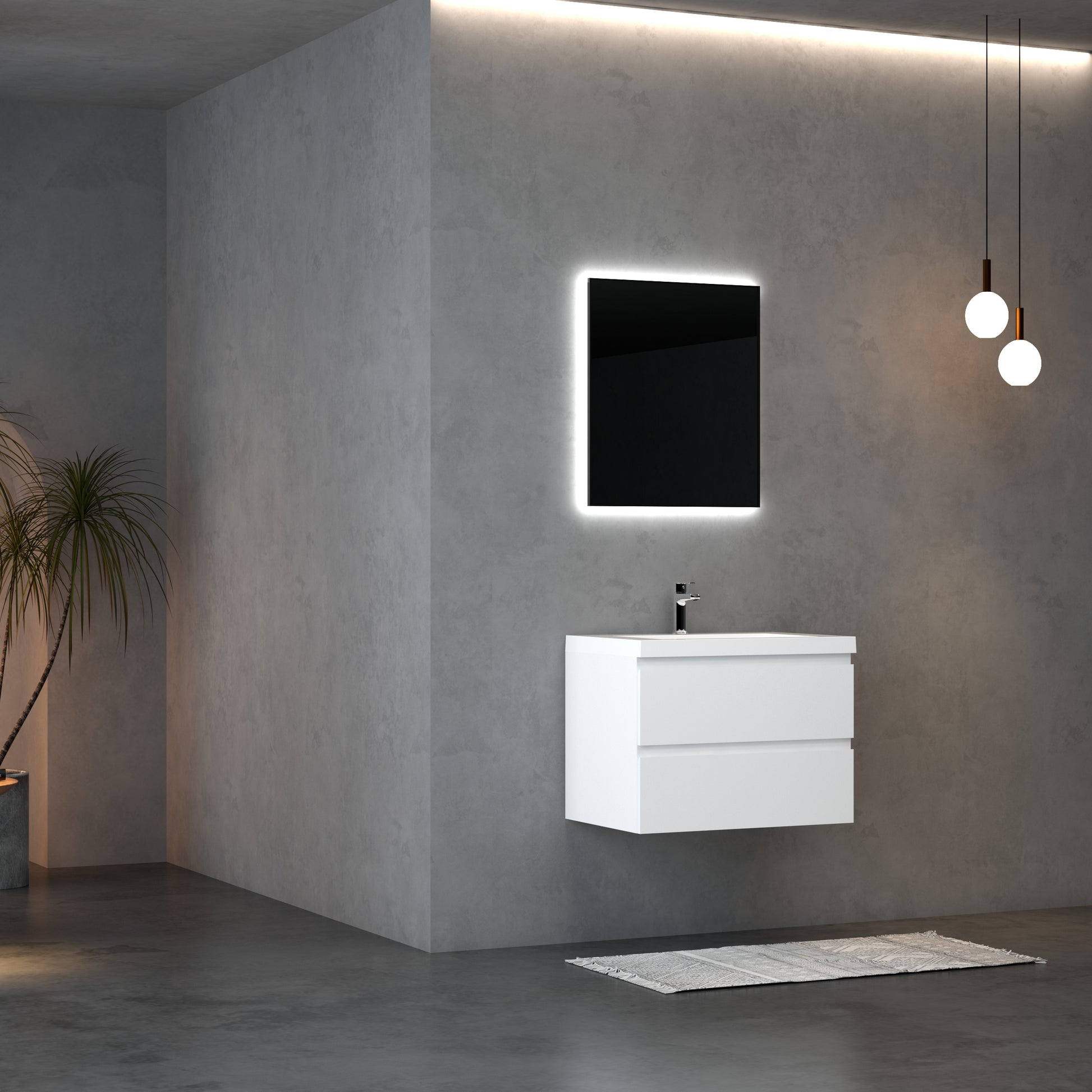 29'' Wall Mounted Single Bathroom Vanity In Gloss White With White Solid Surface Vanity Top Gloss White Melamine