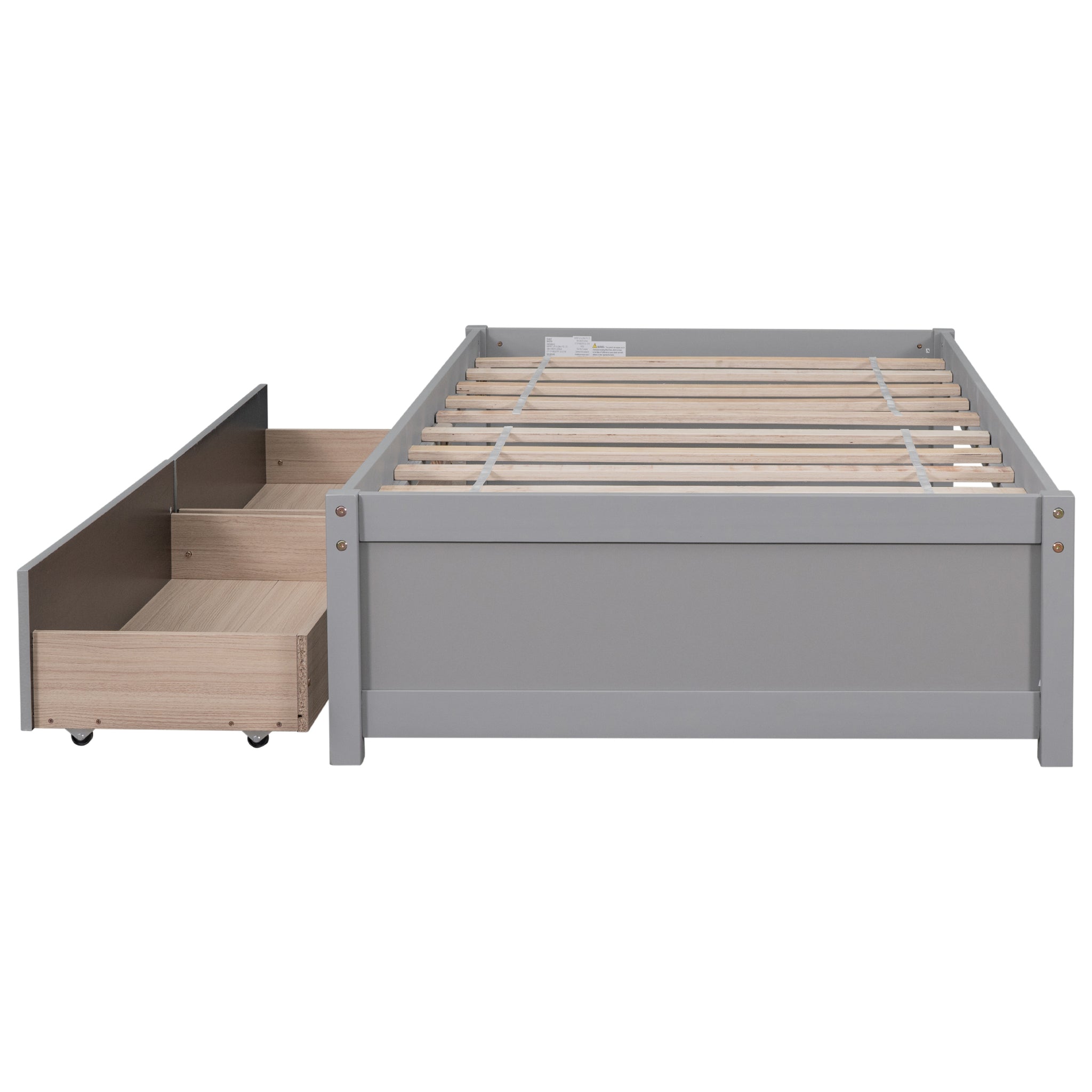 Twin Bed with 2 Drawers, Solid Wood, No Box Spring twin-grey-pine
