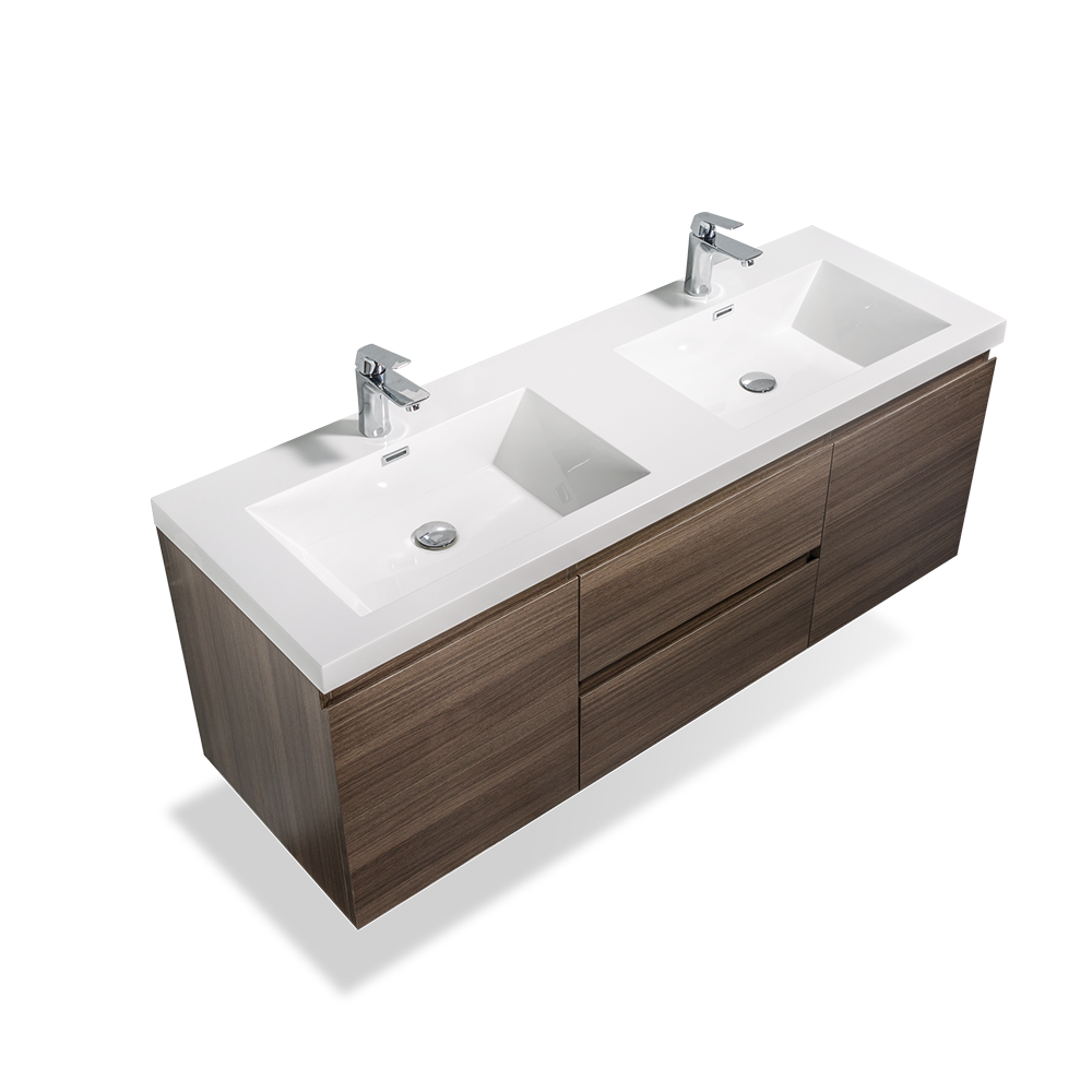 59'' Wall Mounted Double Bathroom Vanity In Rosewood With White Solid Surface Vanity Top Rosewood Melamine