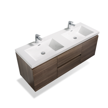 59'' Wall Mounted Double Bathroom Vanity In Rosewood With White Solid Surface Vanity Top Rosewood Melamine