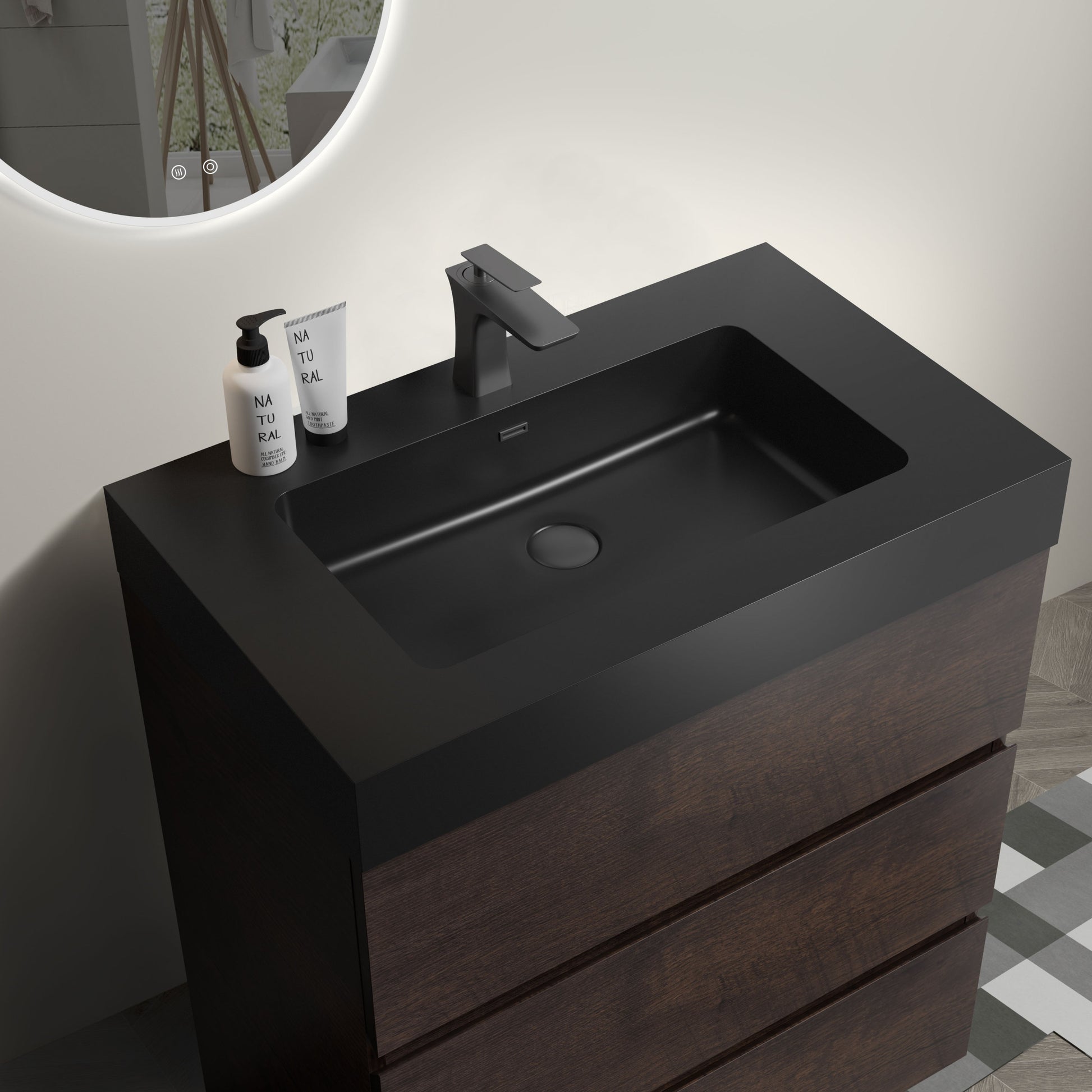 Alice 30" Walnut Bathroom Vanity With Sink, Large Storage Freestanding Bathroom Vanity For Modern Bathroom, One Piece Black Sink Basin Without Drain And Faucet, Pre Assembled Walnut Black Melamine