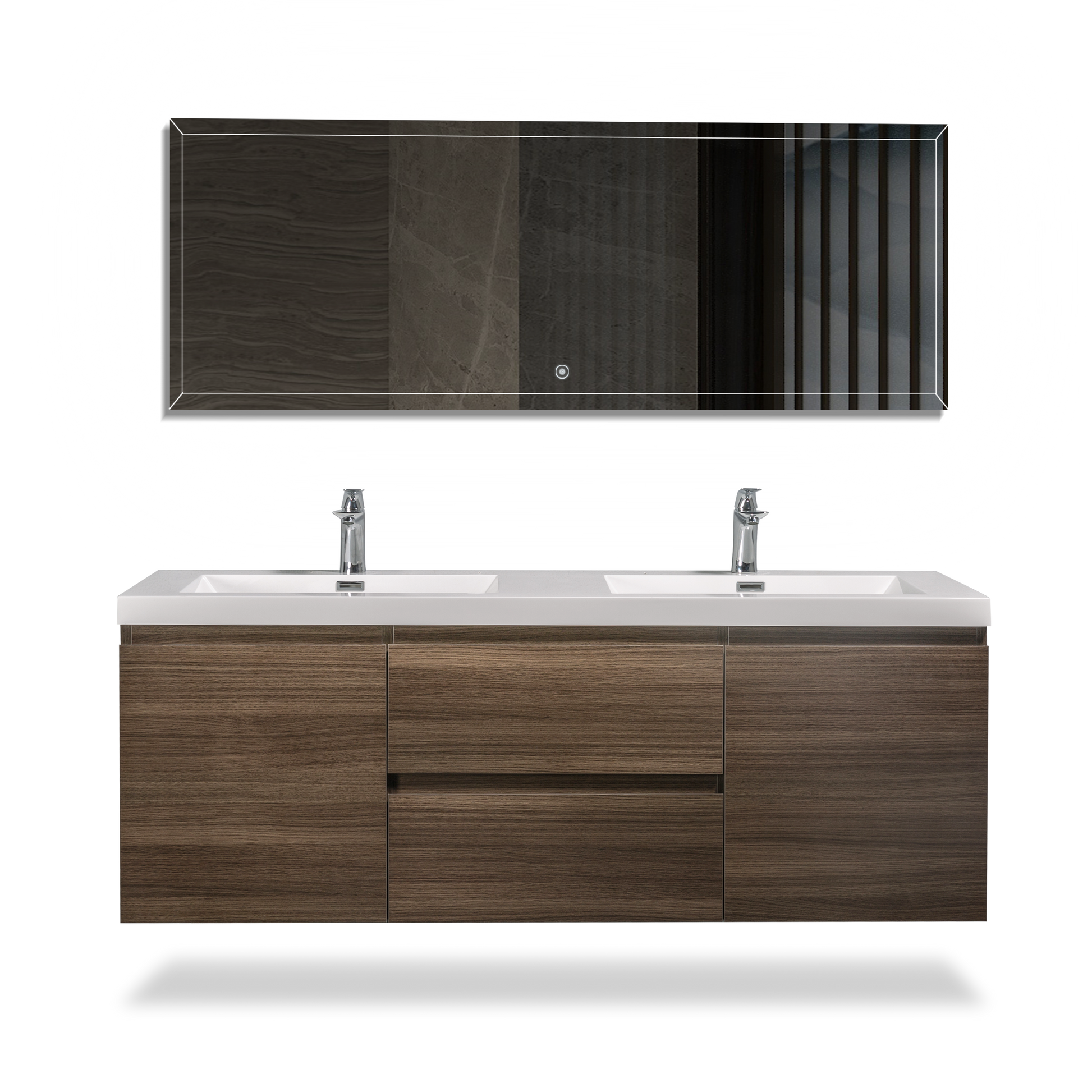 59'' Wall Mounted Double Bathroom Vanity In Rosewood With White Solid Surface Vanity Top Rosewood Melamine