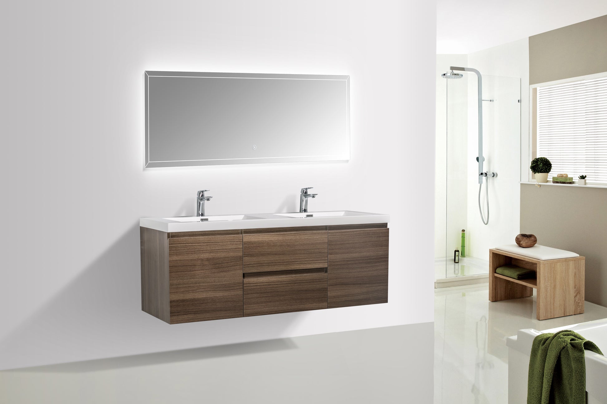 59'' Wall Mounted Double Bathroom Vanity In Rosewood With White Solid Surface Vanity Top Rosewood Melamine