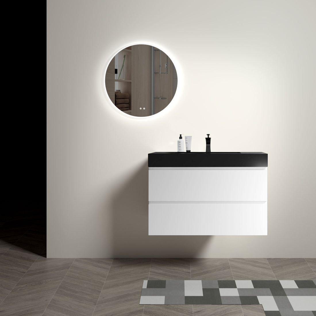 Alice 36" White Bathroom Vanity With Sink, Large Storage Wall Mounted Floating Bathroom Vanity For Modern Bathroom, One Piece Black Sink Basin Without Drain And Faucet, Pre Assembled White Black Melamine