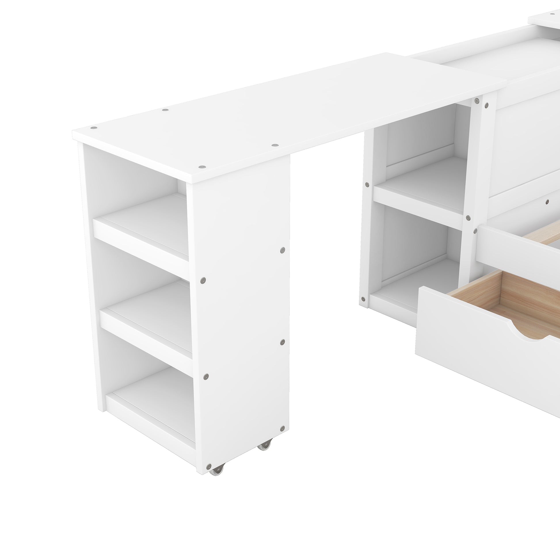 Full Size Platform Bed With A Rolling Shelf, White White Solid Wood Mdf