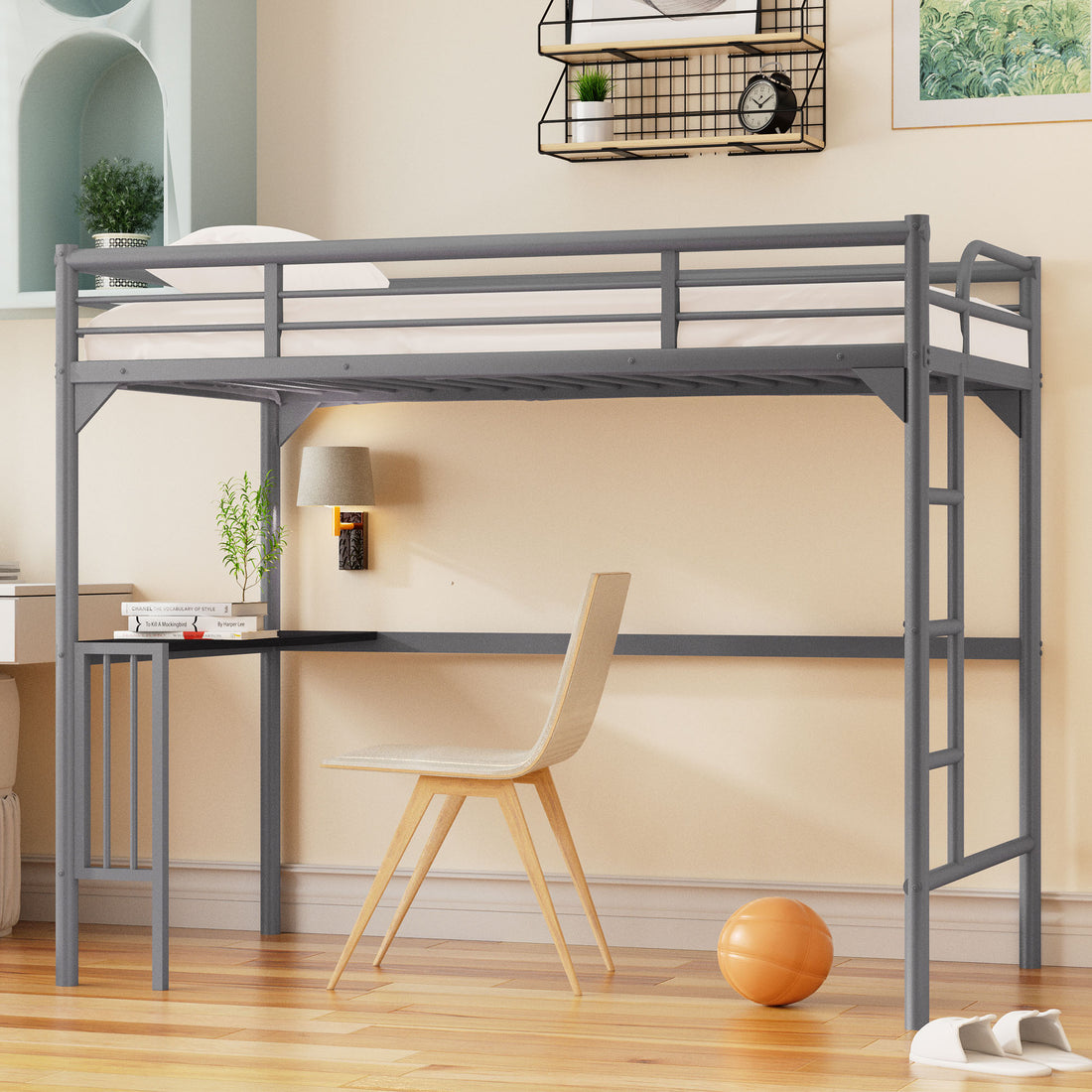 Twin Metal Loft Bed With Desk, Ladder And Guardrails, Bookdesk Under Bed, Silver Silver Metal