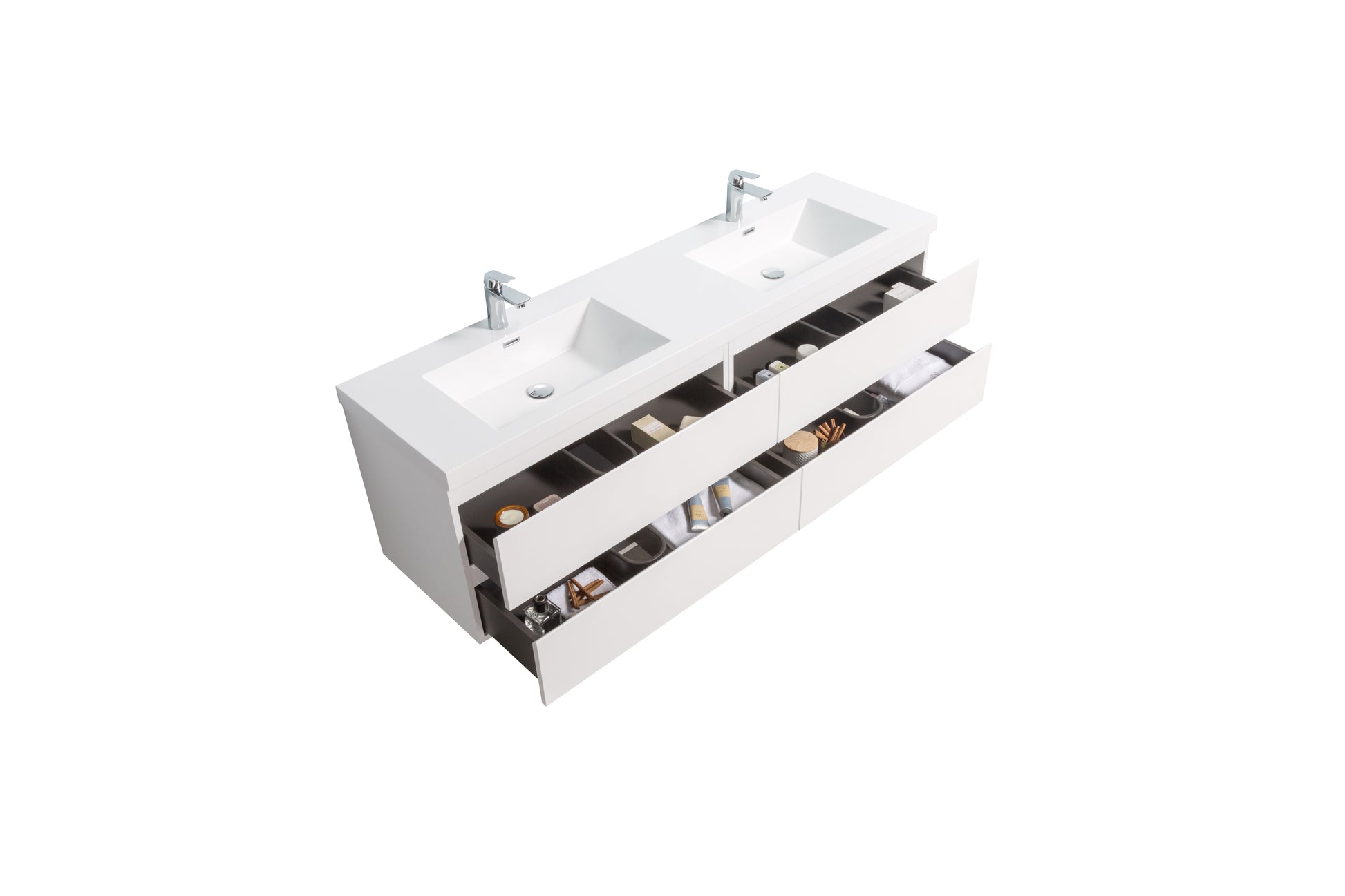71'' Wall Mounted Double Bathroom Vanity In Gloss White With White Solid Surface Vanity Top Gloss White Wood