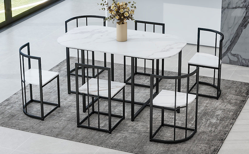 Modern 7 Piece Dining Table Set With Faux Marble Compact 55Inch Kitchen Table Set For 6, Black White Metal White Black Seats 6 Metal Dining Room Modern Dining Table With Chair Iron