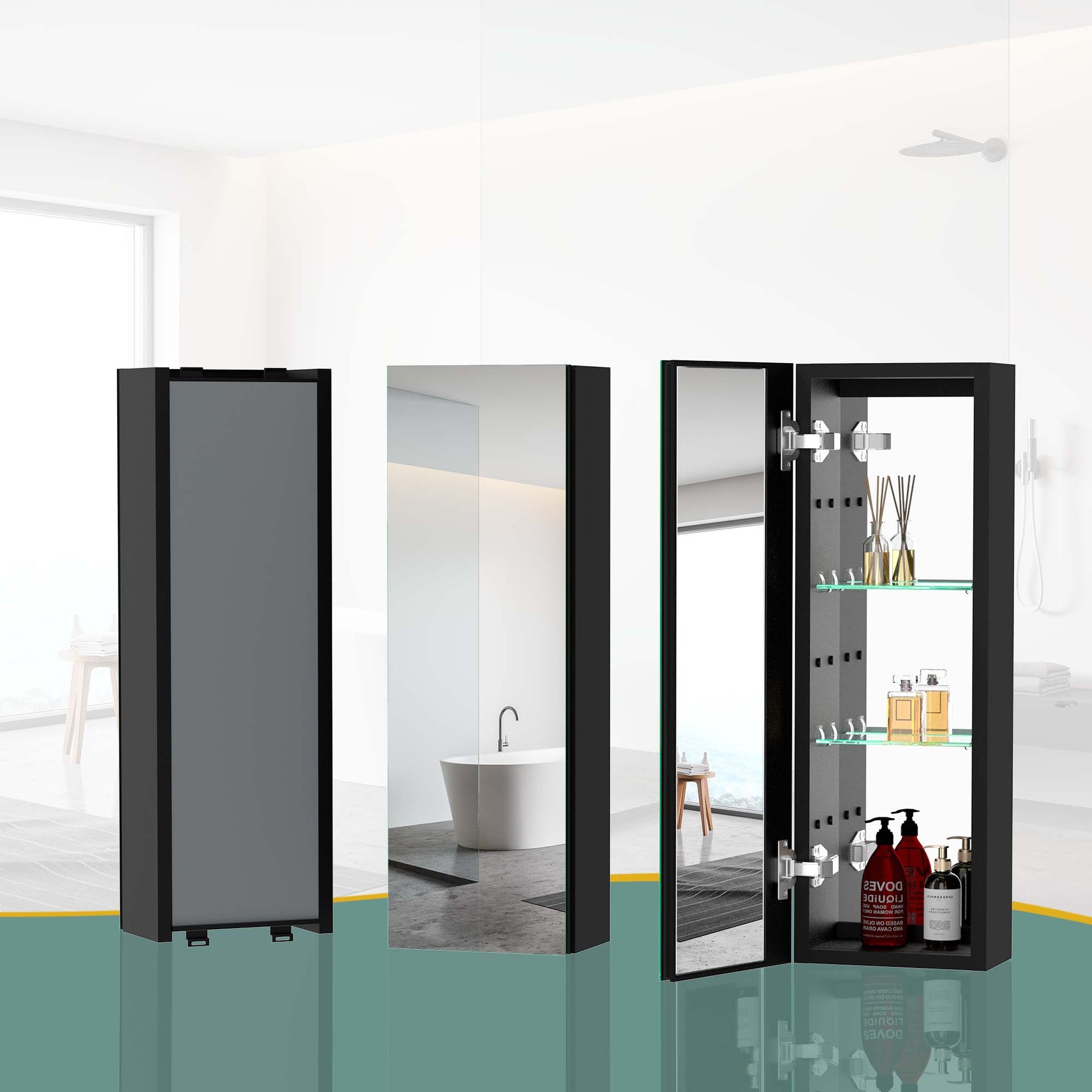 30X10 Inch Medicine Cabinets Aluminum Bathroom Medicine Cabinet Adjustable Glass Shelves Black Black Modern Aluminium