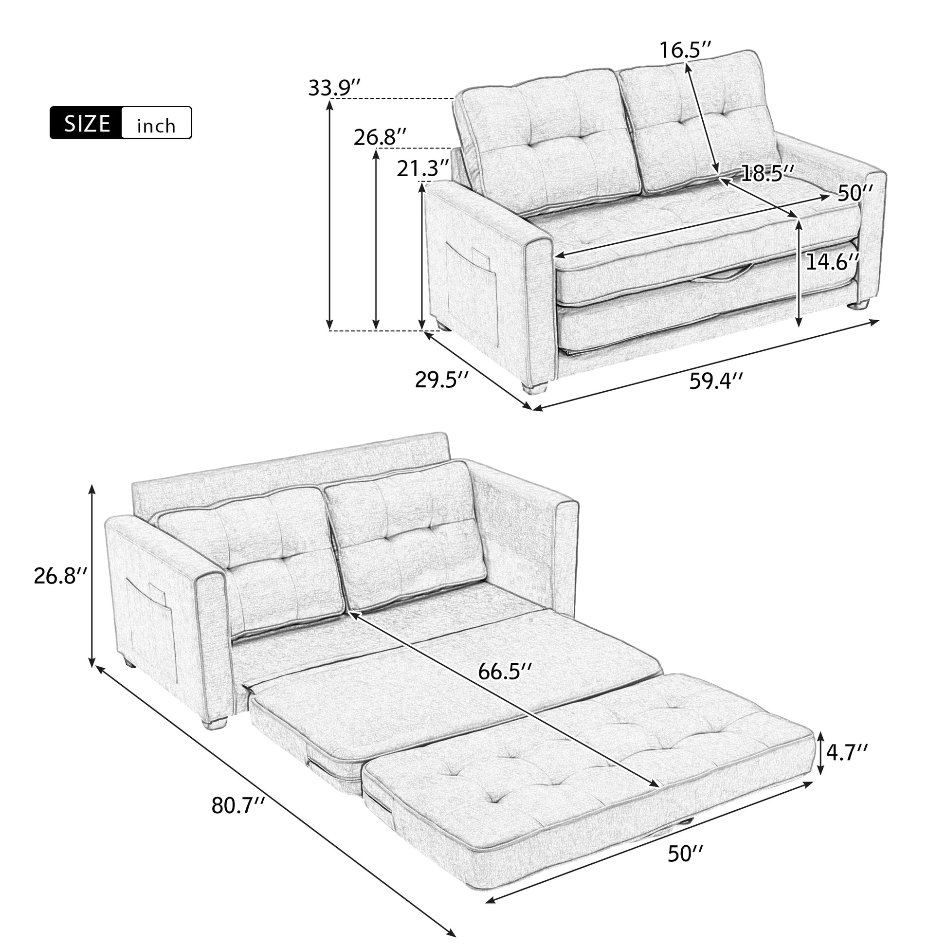 59.4" Loveseat Sofa With Pull Out Bed Modern Upholstered Couch With Side Pocket For Living Room Office, Grey Grey Chenille