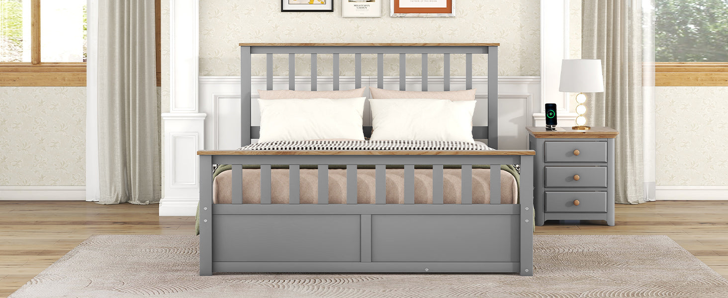 Queen Size Wood Platform Bed With Two Drawers And Wooden Slat Support,Gray Natrual Gray Wood