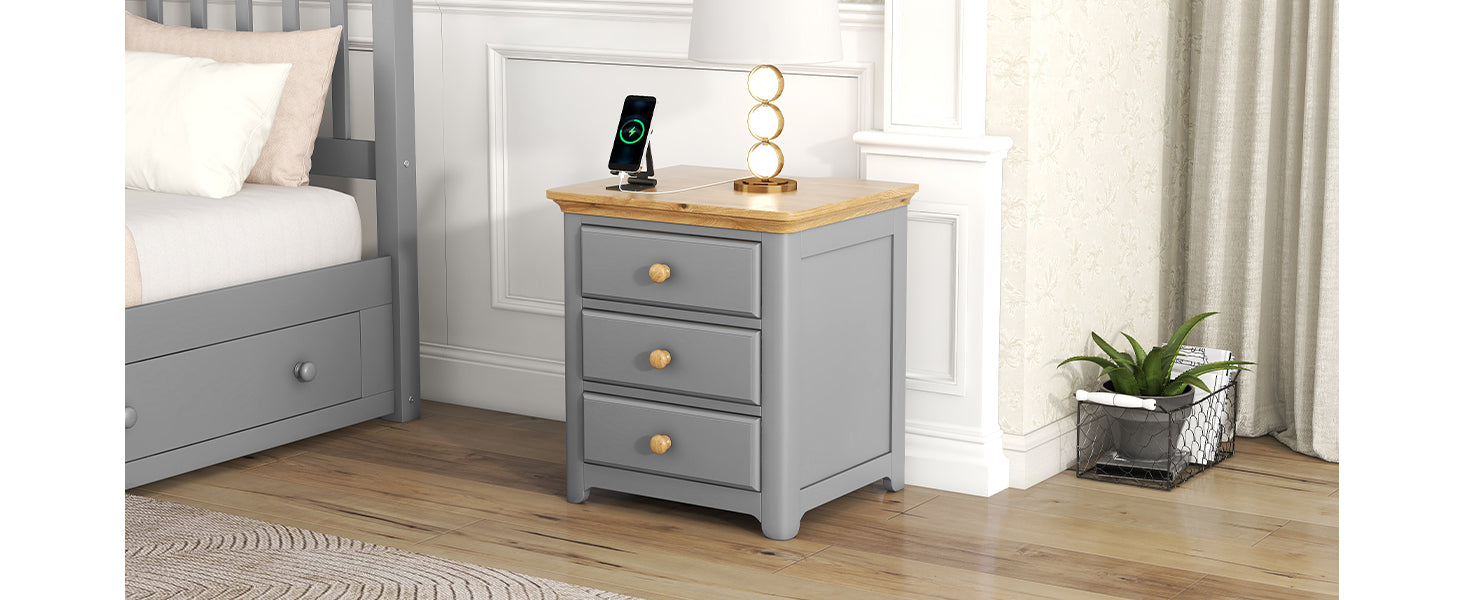 Wooden Nightstand With Usb Charging Ports And Three Drawers,End Table For Bedroom,Gray Natrual Gray Wood