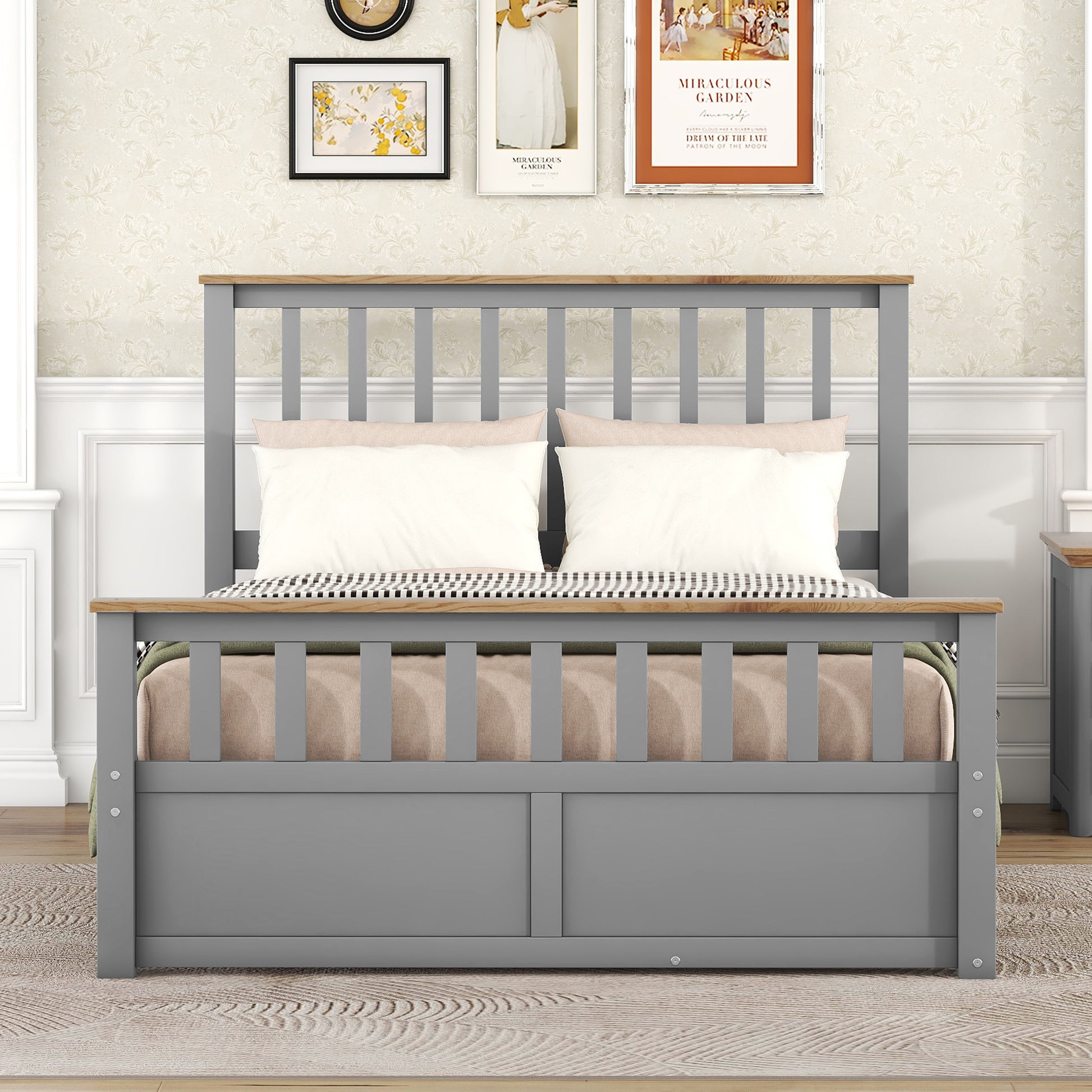 Full Size Wood Platform Bed With Two Drawers And Wooden Slat Support,Gray Natrual Gray Wood