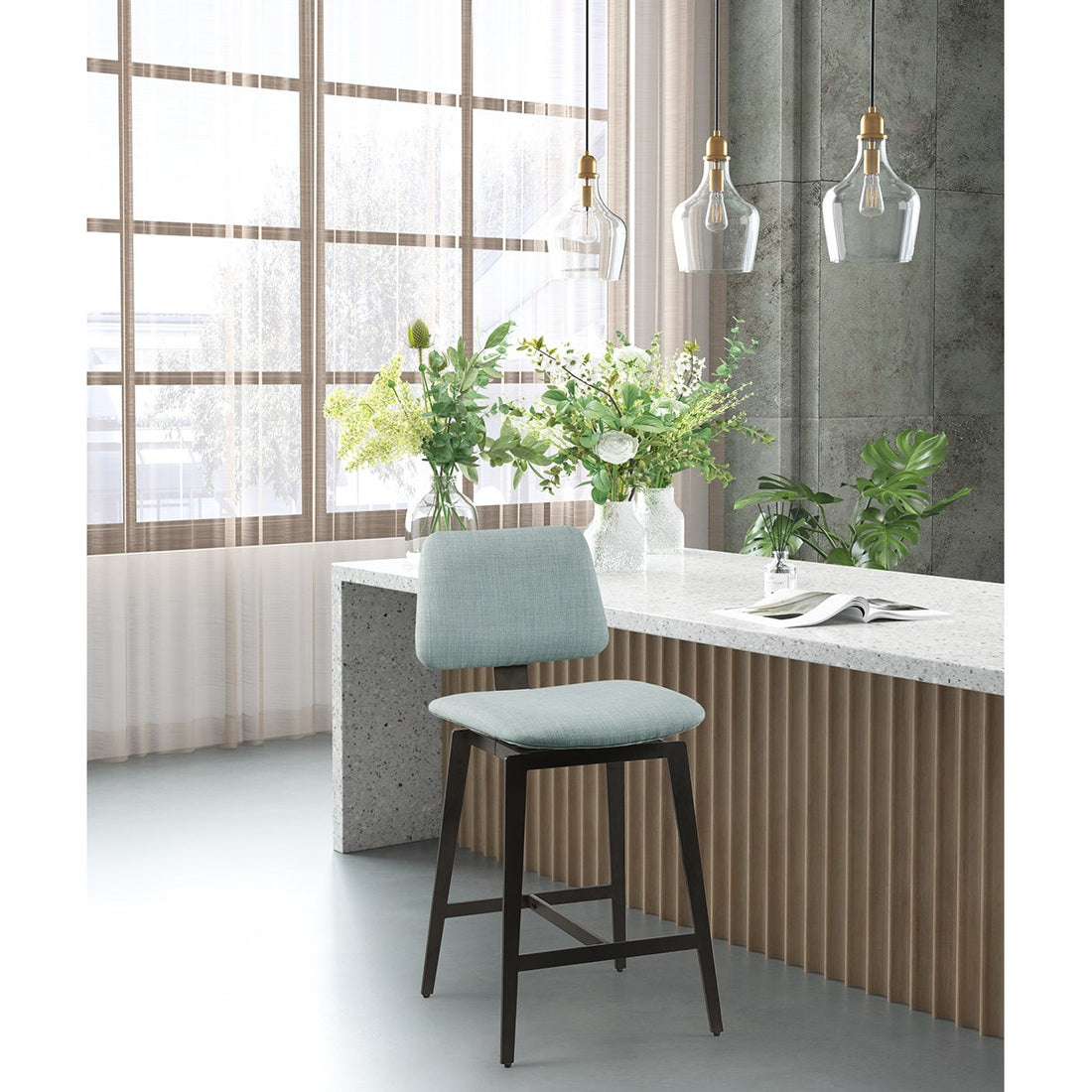 Armless 360 Degree Swivel Counter Stool 25"H Dusty Blue Polyester