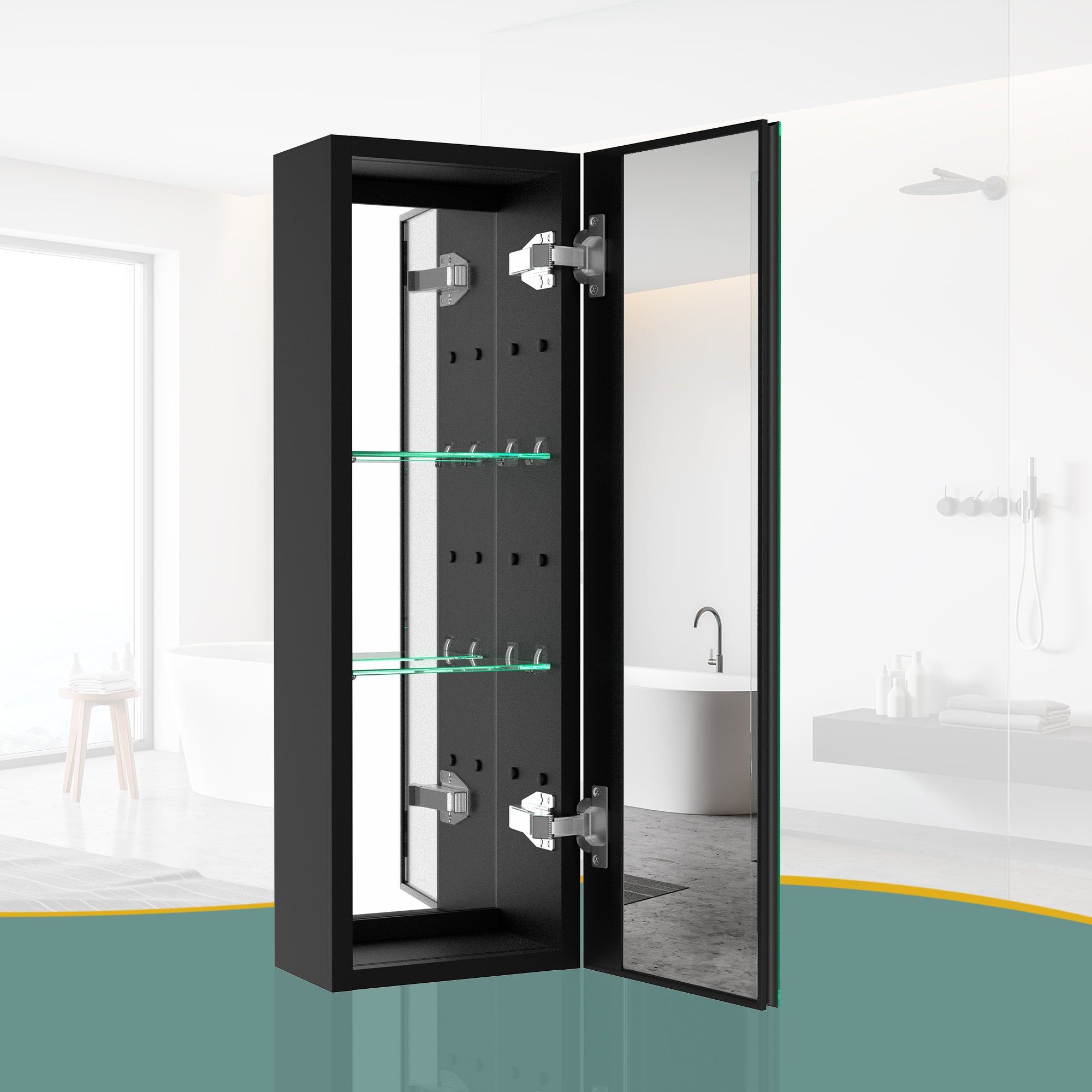 30X10 Inch Medicine Cabinets Aluminum Bathroom Medicine Cabinet Adjustable Glass Shelves Black Black Modern Aluminium