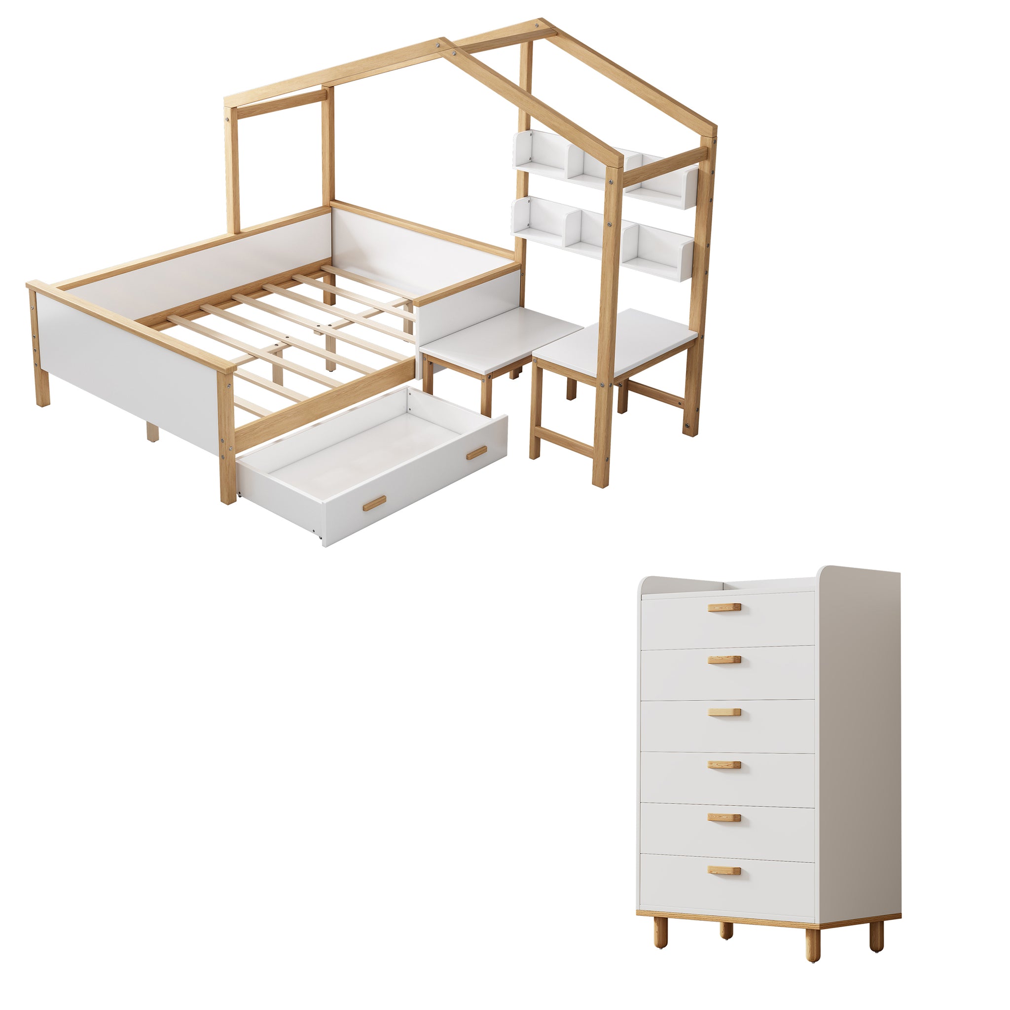 2 Pieces Bedroom Sets White Full Size Wooden House Bed white-wood