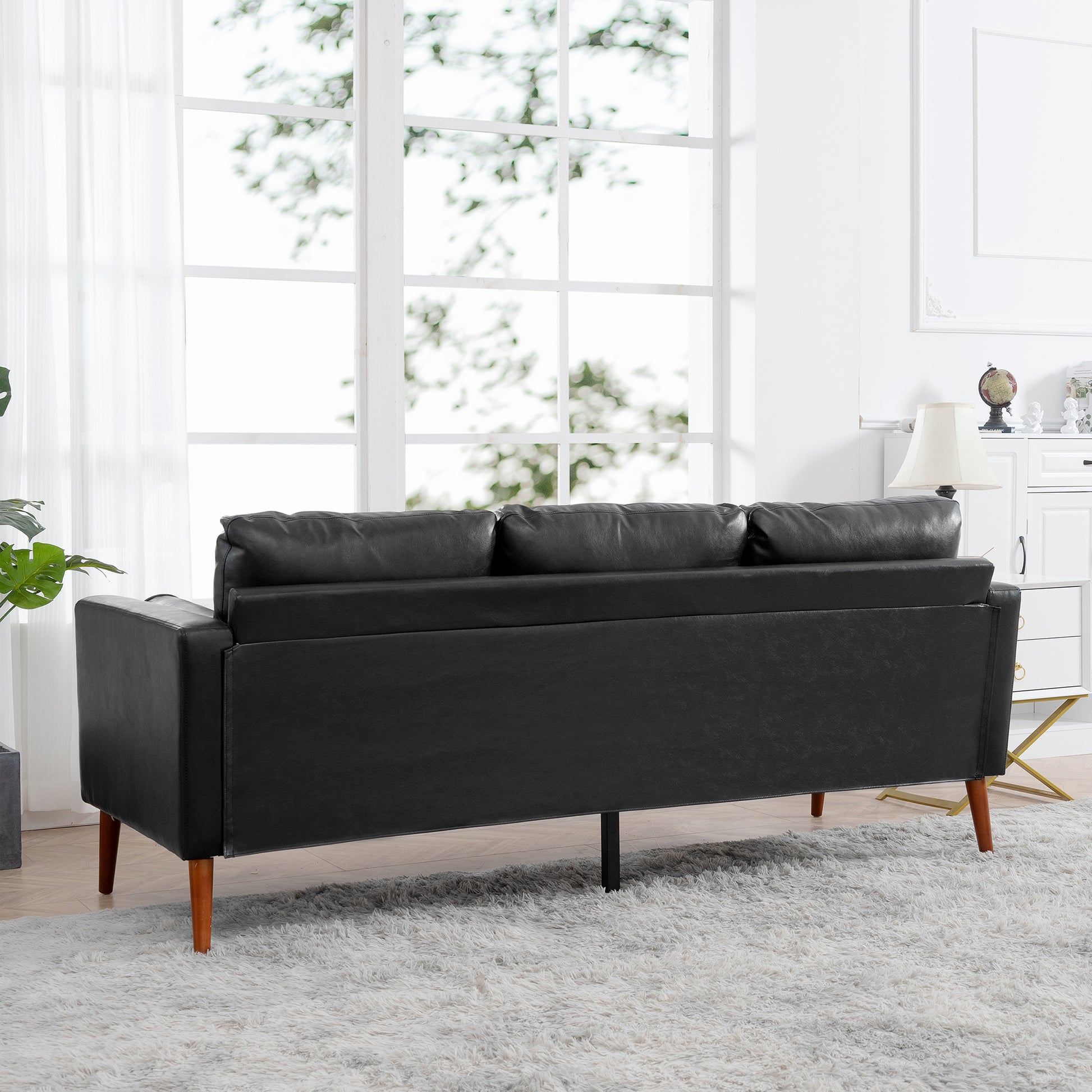 Small Sofa Couch 76.97 In . Black 3 Seat Comfy Couches For Living Room, Mid Century Modern Couch With Iron Wood Structuresoft Cushion Sofa For Home Office Apartment Black Foam Pu