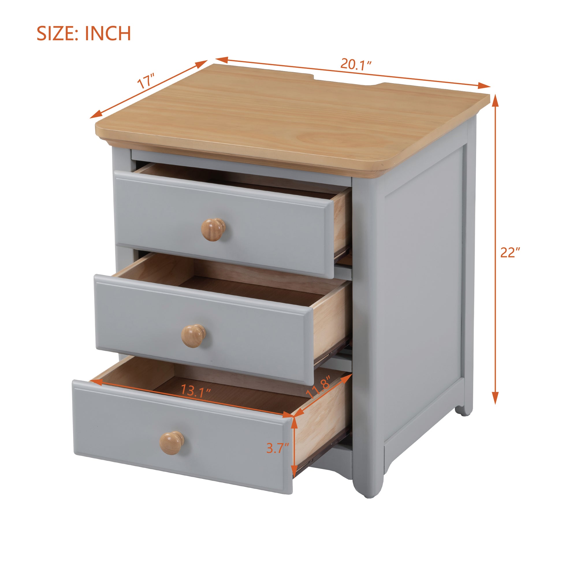 Wooden Nightstand With Usb Charging Ports And Three Drawers,End Table For Bedroom,Gray Natrual Gray Wood