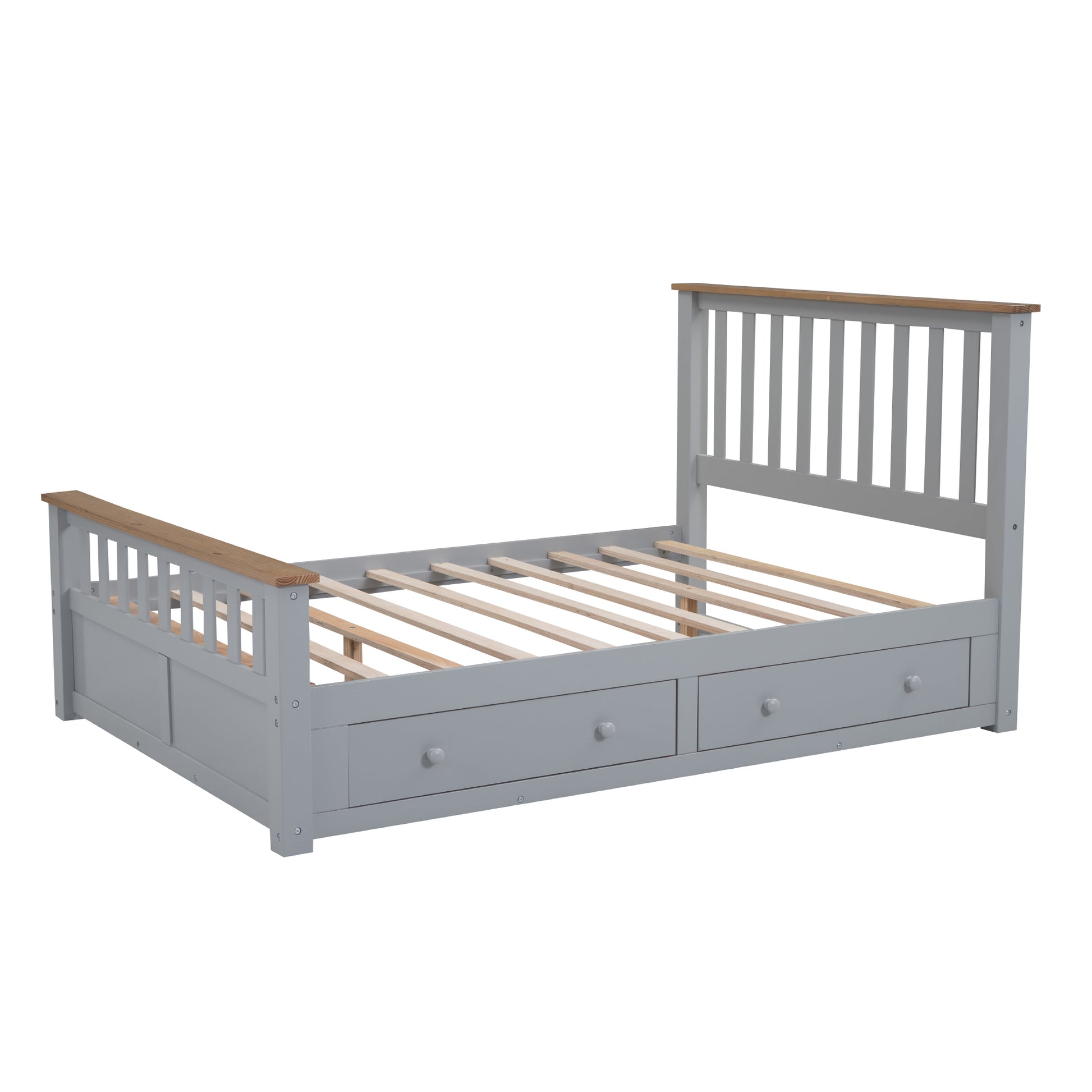 Full Size Wood Platform Bed With Two Drawers And Wooden Slat Support,Gray Natrual Gray Wood