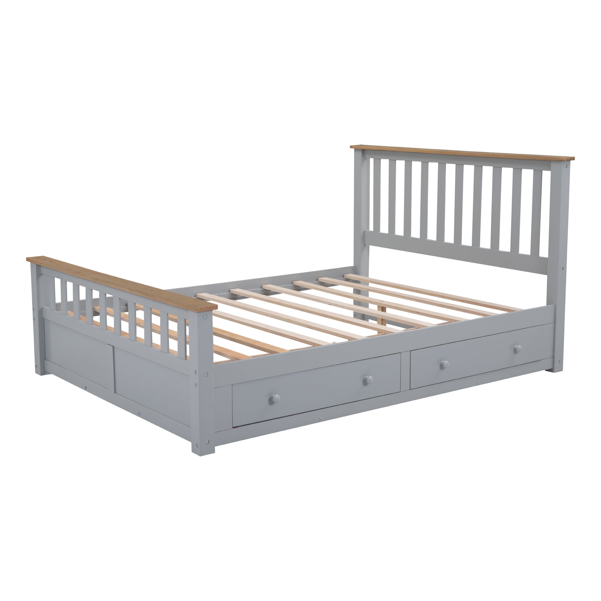 Queen Size Wood Platform Bed With Two Drawers And Wooden Slat Support,Gray Natrual Gray Wood
