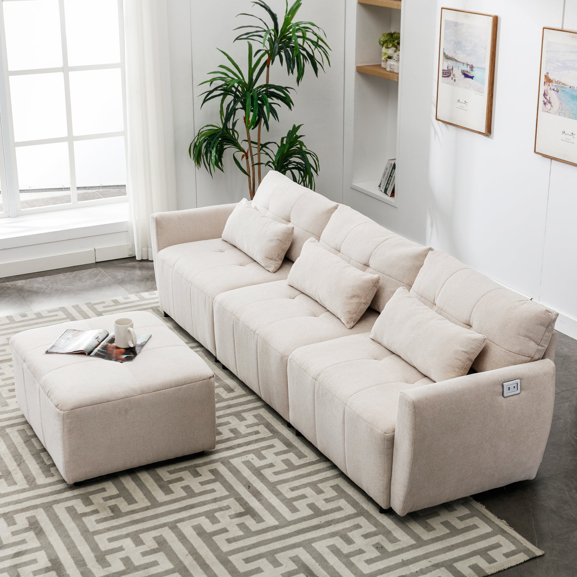 113.3" Convertible Sectional Sofa Couch 3 Seat L Shaped Sofa With Movable Ottoman And Usb For Apartment, Living Room, Bedroom, Beige Beige Chenille 3 Seat