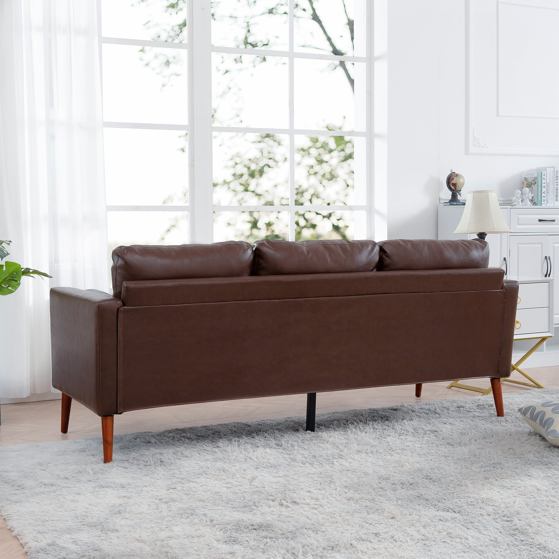 Small Sofa Couch 76.97 In . Brown 3 Seat Comfy Couches For Living Room, Mid Century Modern Couch With Iron Wood Structuresoft Cushion Sofa For Home Office Apartment Brown Foam Pu