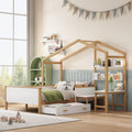 Full Size Wooden House Bed White And Original Wood Colored Frame With Drawer, Desk And Bookshelf For Children Or Guest Room White Wood