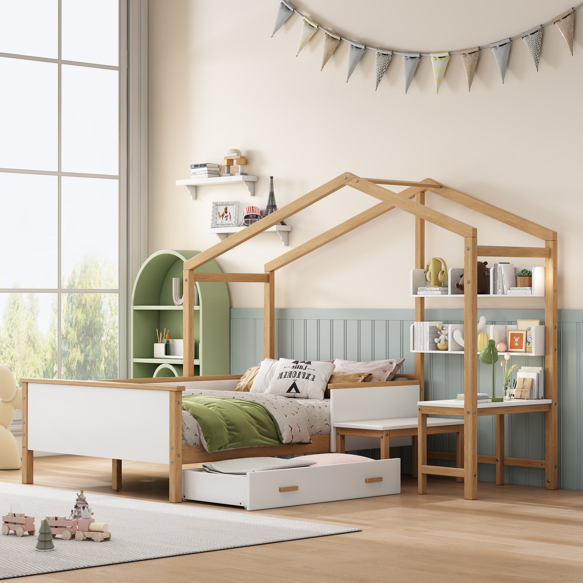 Full Size Wooden House Bed White And Original Wood Colored Frame With Drawer, Desk And Bookshelf For Children Or Guest Room White Wood