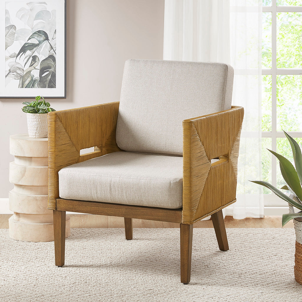 Handcrafted Rattan Upholstered Accent Arm Chair Natural Polyester